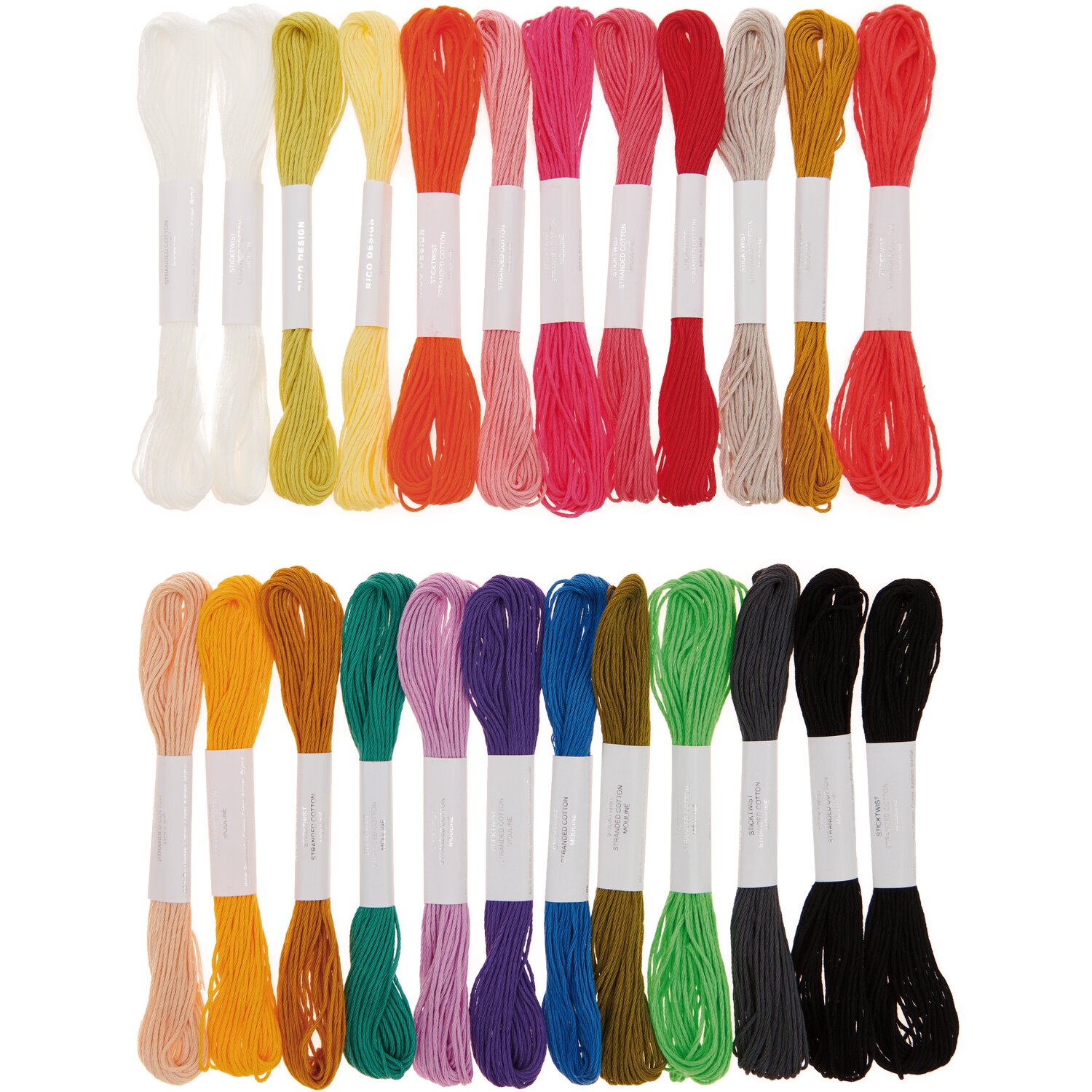 Stickgarn Set Multicolour Fashion, 24-teiliges Sortiment von Rico Design mit sortiert aufgefächerten Stickgarn-Strängen in kräftigen und pastelligen Tönen
