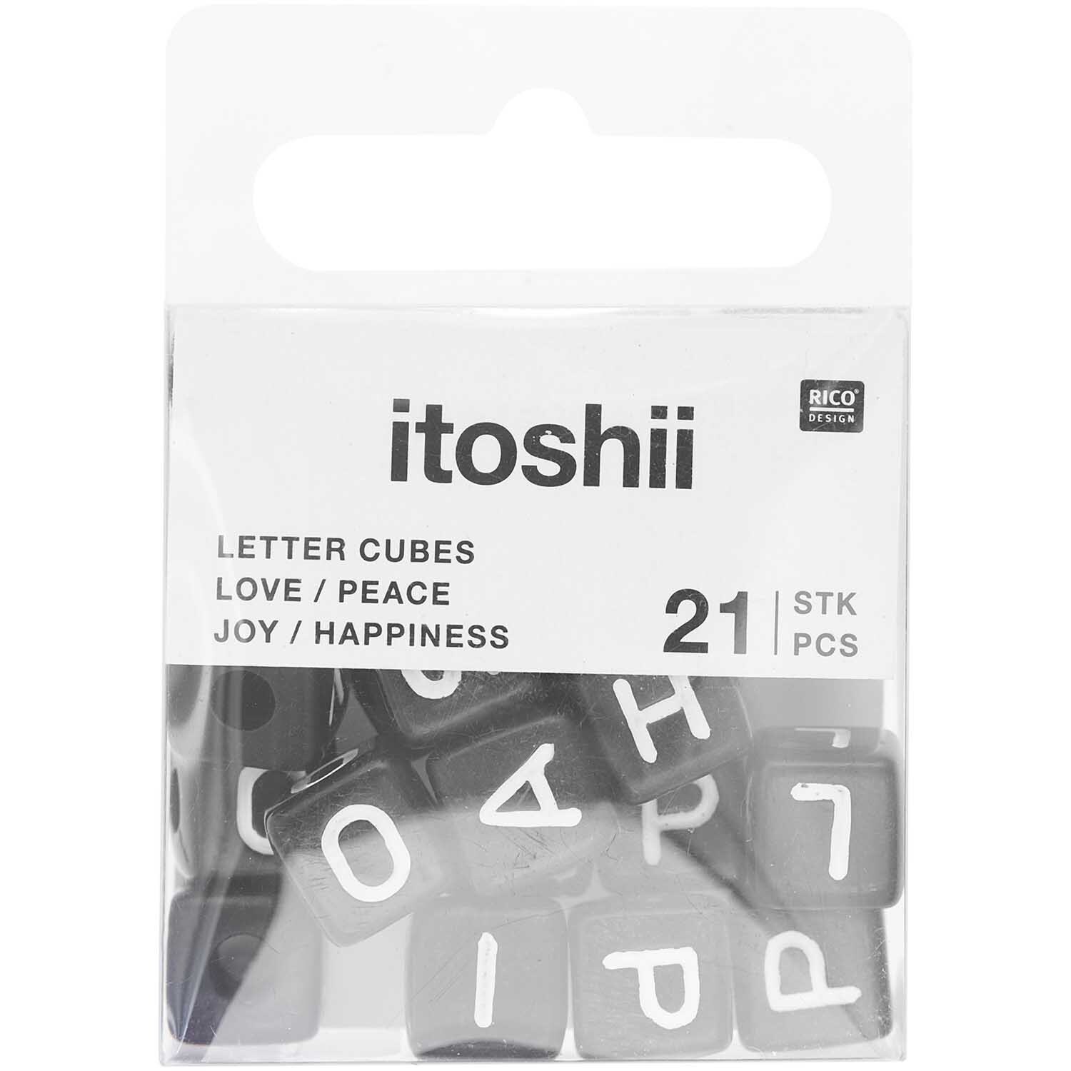 Itoshii Ponii Beads Würfelperlen Set mit 21 schwarzen Buchstabenwürfeln von Rico Design in Verpackung.