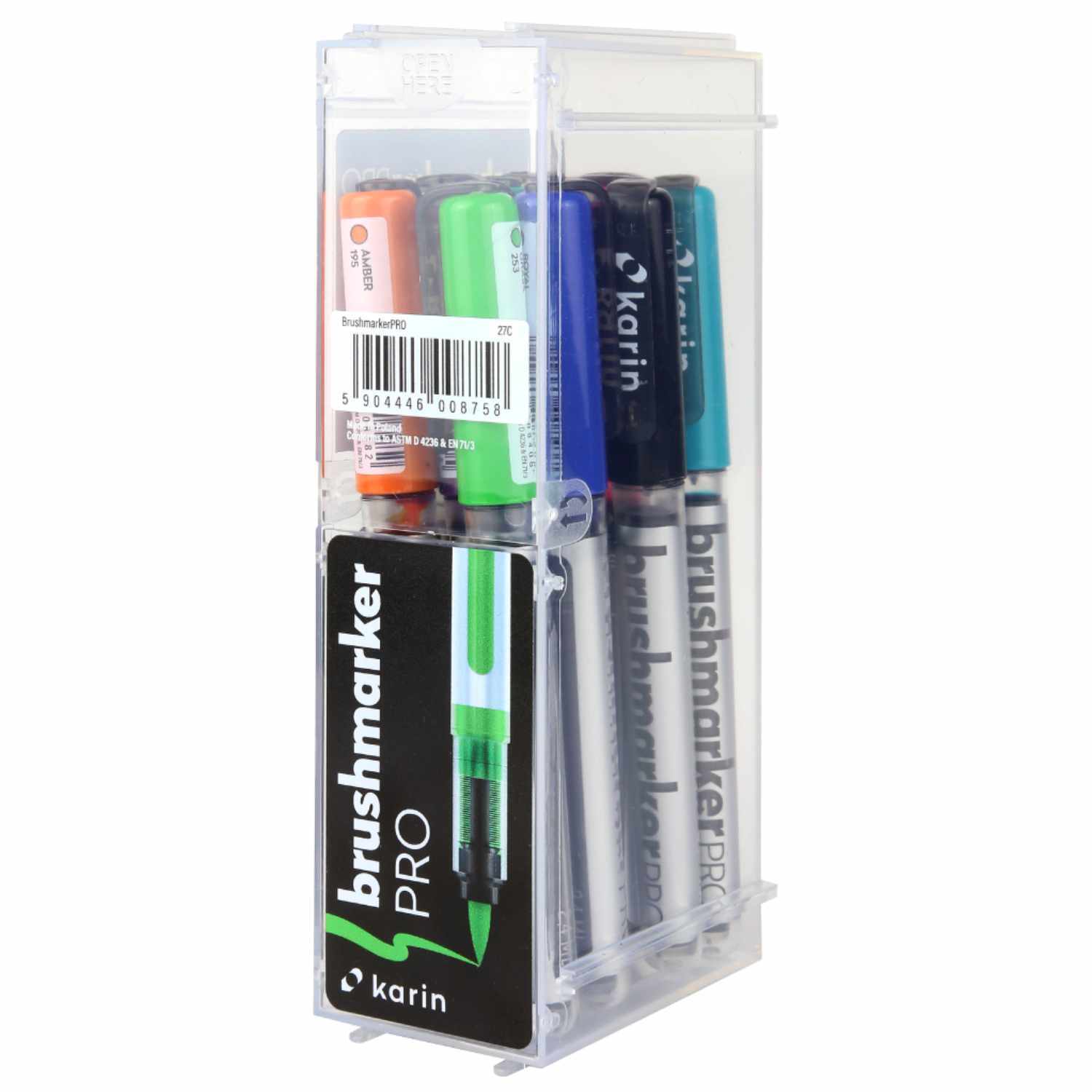 Brushmarker PRO Basic Colors Set 12 Farben in transparenter Box, ideal für kreative Projekte.