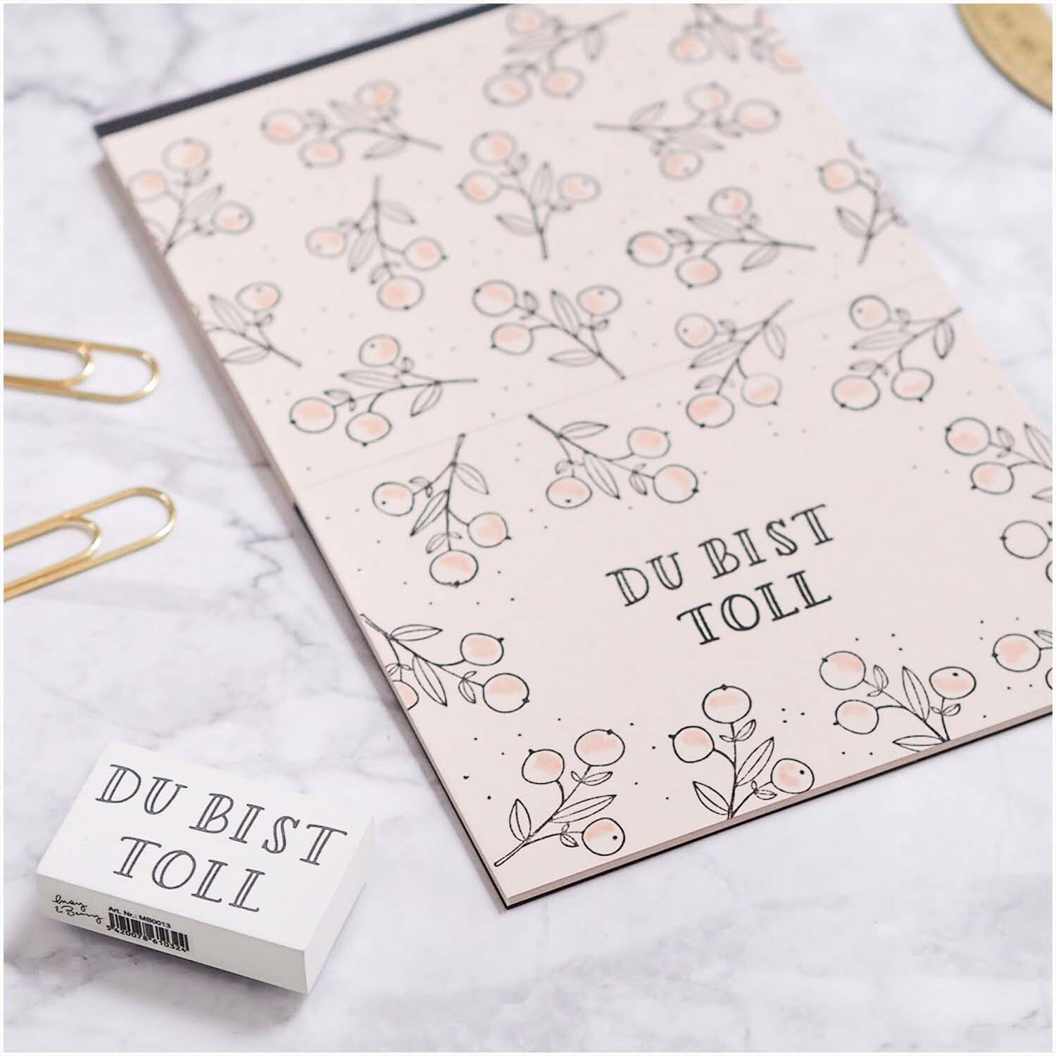 Stempel Du bist toll 35x55mm auf einem Notizblock mit floralen Mustern, Marke May&Berry.
