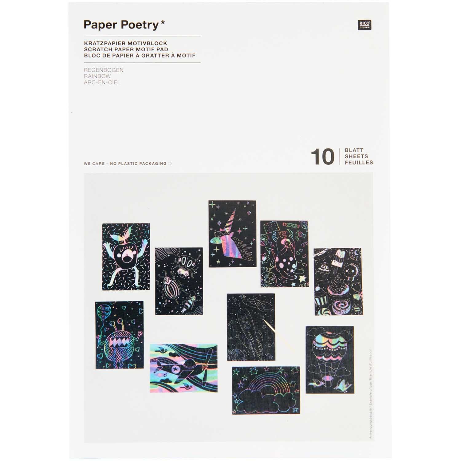 Paper Poetry Kratzpapier Motivblock A5 mit 10 Blättern von Rico Design zeigt bunte Kratzbilder.