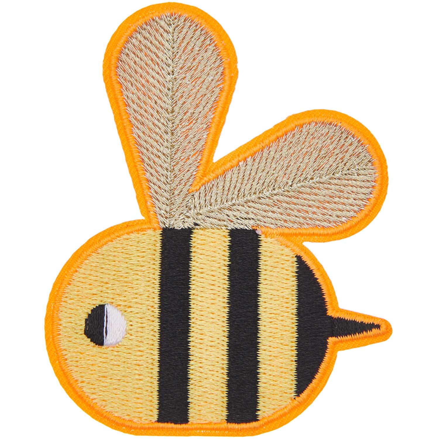 Patch Biene zum Aufbügeln 5,7x7,2cm von Rico Design zeigt eine gestickte Biene mit gelben und schwarzen Streifen.