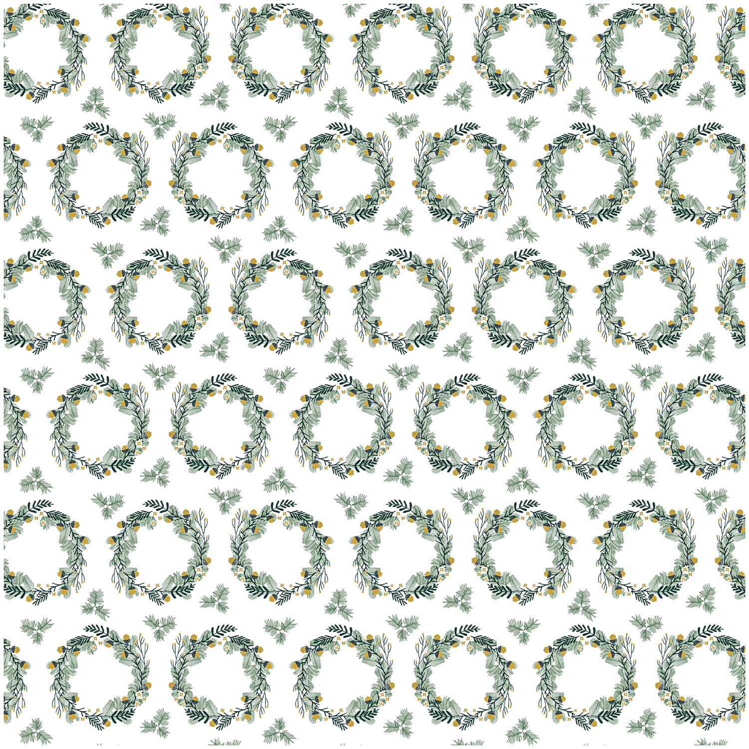 Stoff weiß Kranz klein mit gold 140cm: Eleganter Stoff mit kleinen goldenen Kränzen auf weißem Hintergrund, ideal für Dekorationen.
