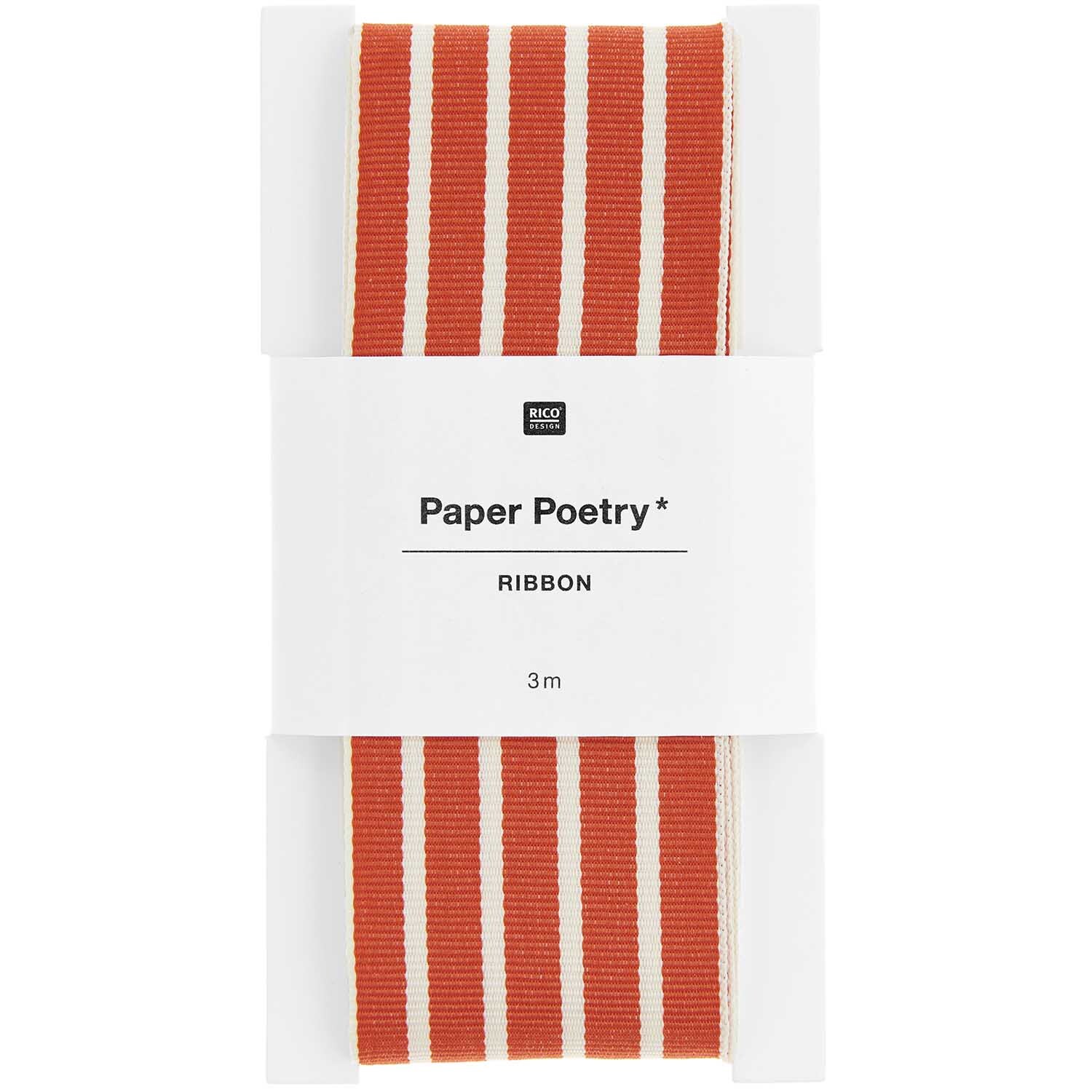 Paper Poetry Webband mit Streifen in Rot-Creme von Rico Design, 38mm breit, 3m lang, auf weißem Hintergrund.