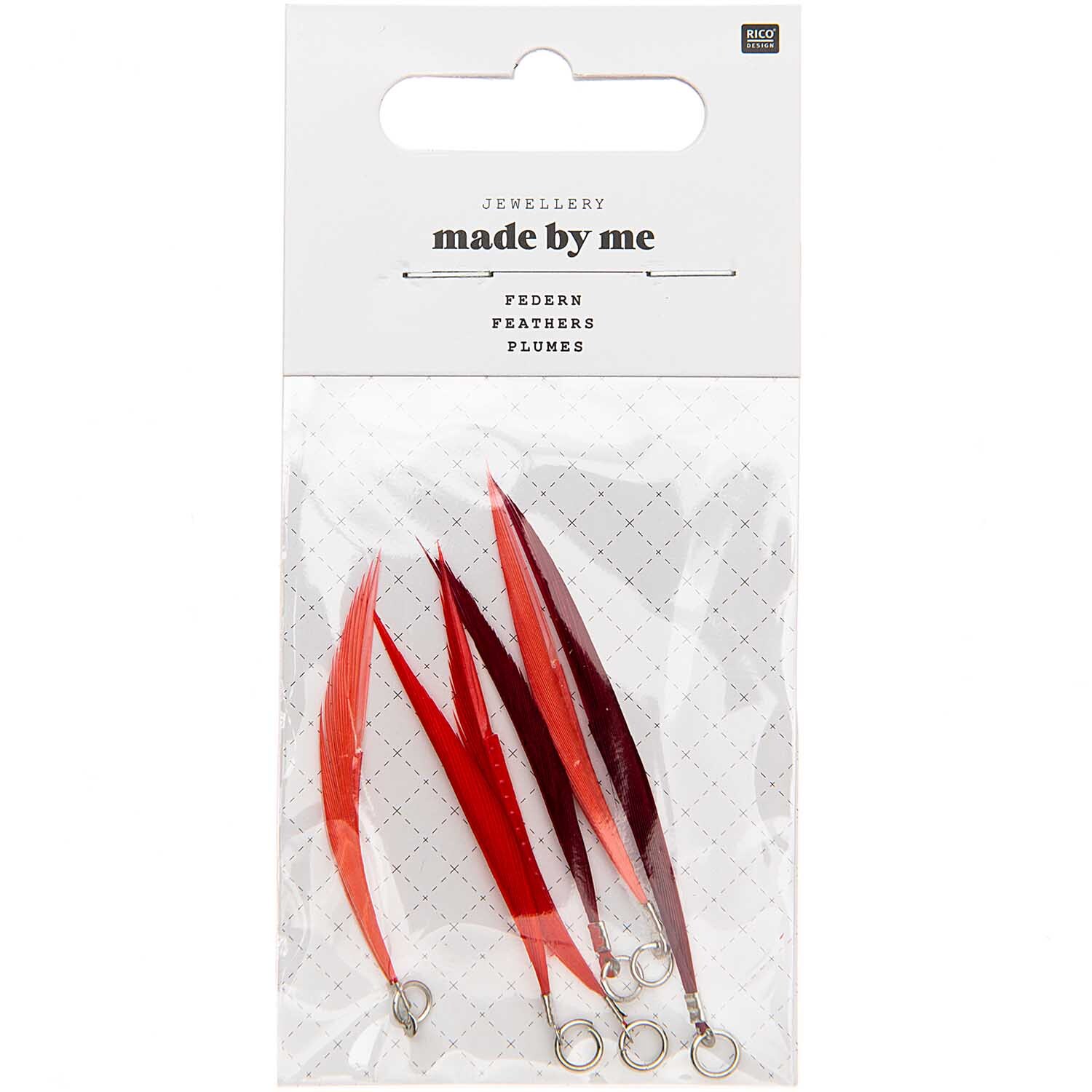 Federn mit Öse 6 Stück von Rico Design in Rot, ideal für Schmuckherstellung, in transparenter Verpackung.