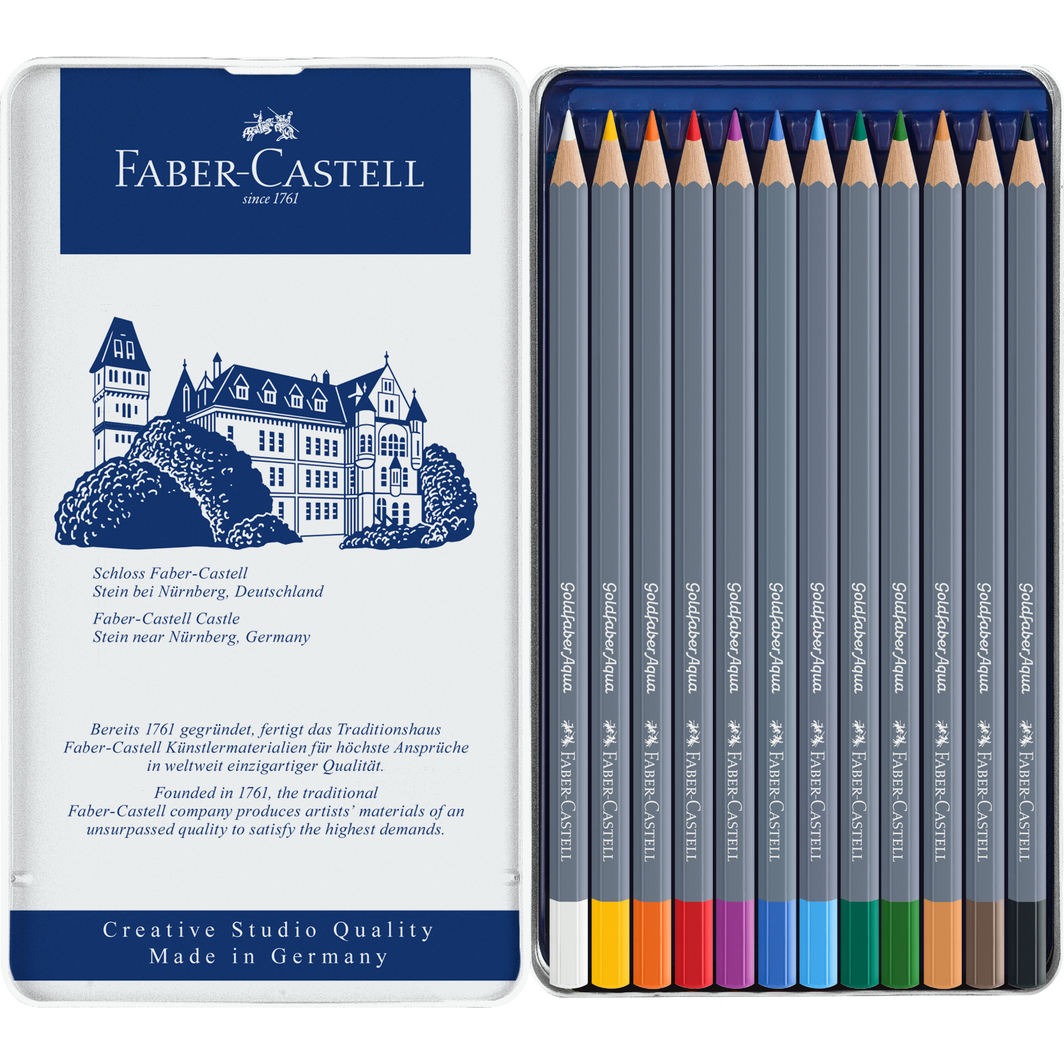 Goldfaber Aqua Aquarellstifte im Metalletui, 12-teilig, von Faber Castell, in verschiedenen Farben.
