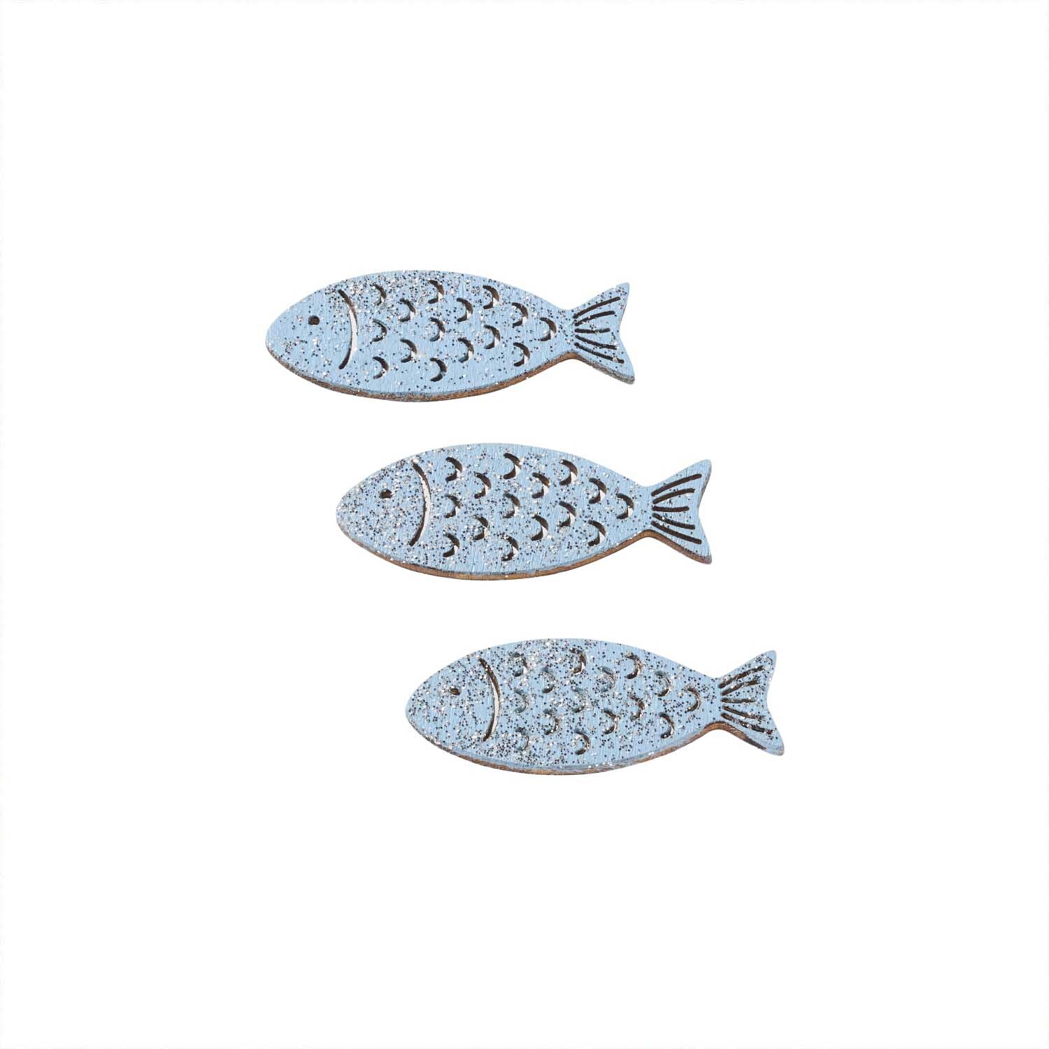 Holz-Fische hellblau mit Glimmer, 6 Stück. Dekorative Fische von HobbyFun in schimmerndem Blau.