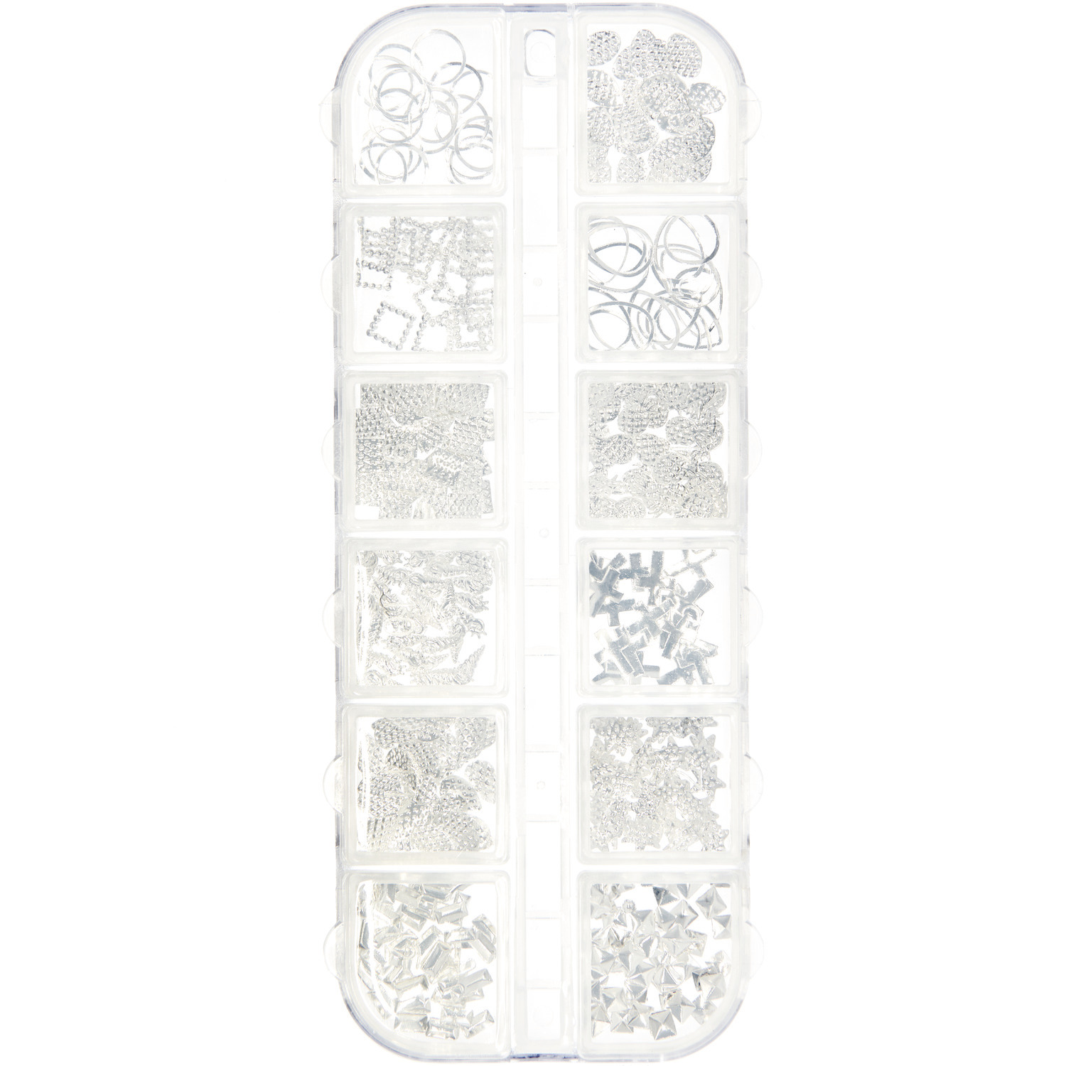 Füllmaterial für Resin Formen Mix Silber in transparentem Organizer, 12x8g, von Rico Design. Ideal für kreative Bastelprojekte.