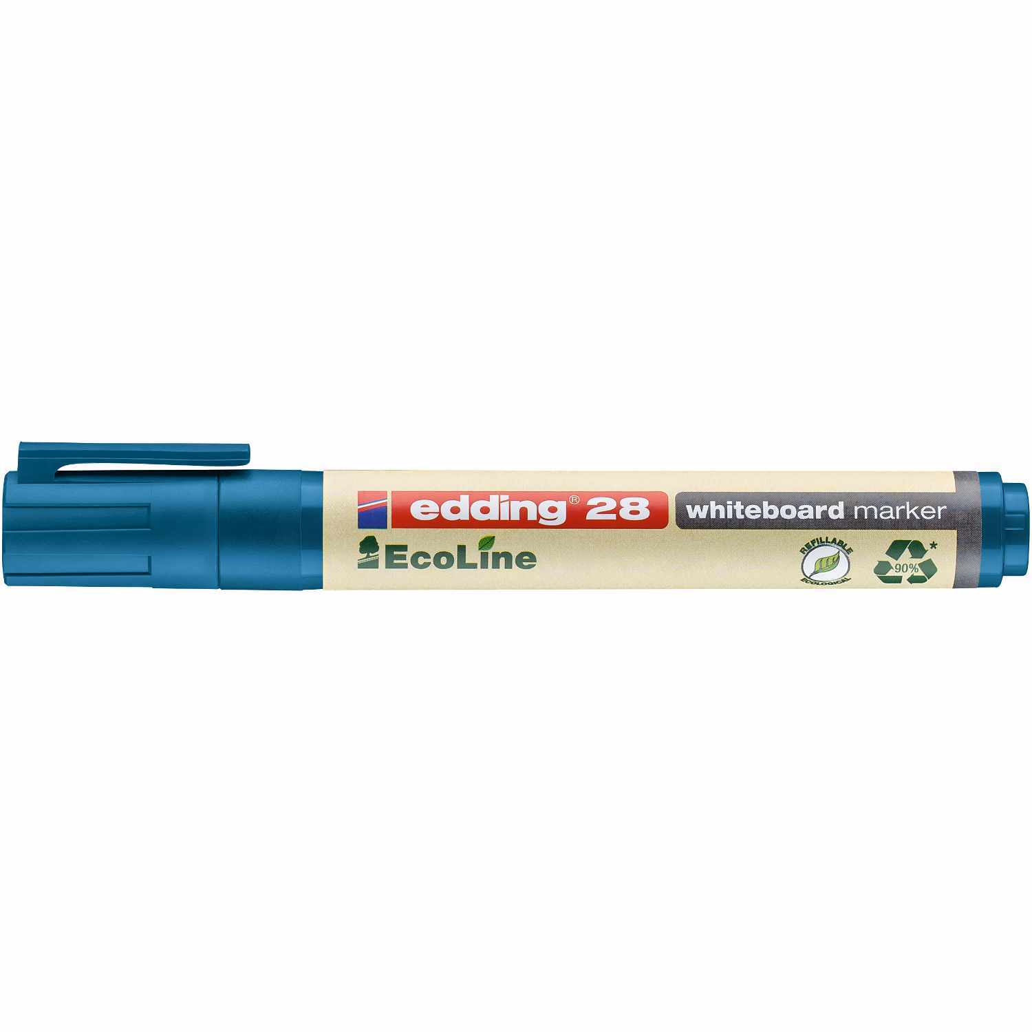 28 EcoLine Whiteboardmarker mit blauer Kappe, 1,5-3mm Spitze, von edding, umweltfreundlich.