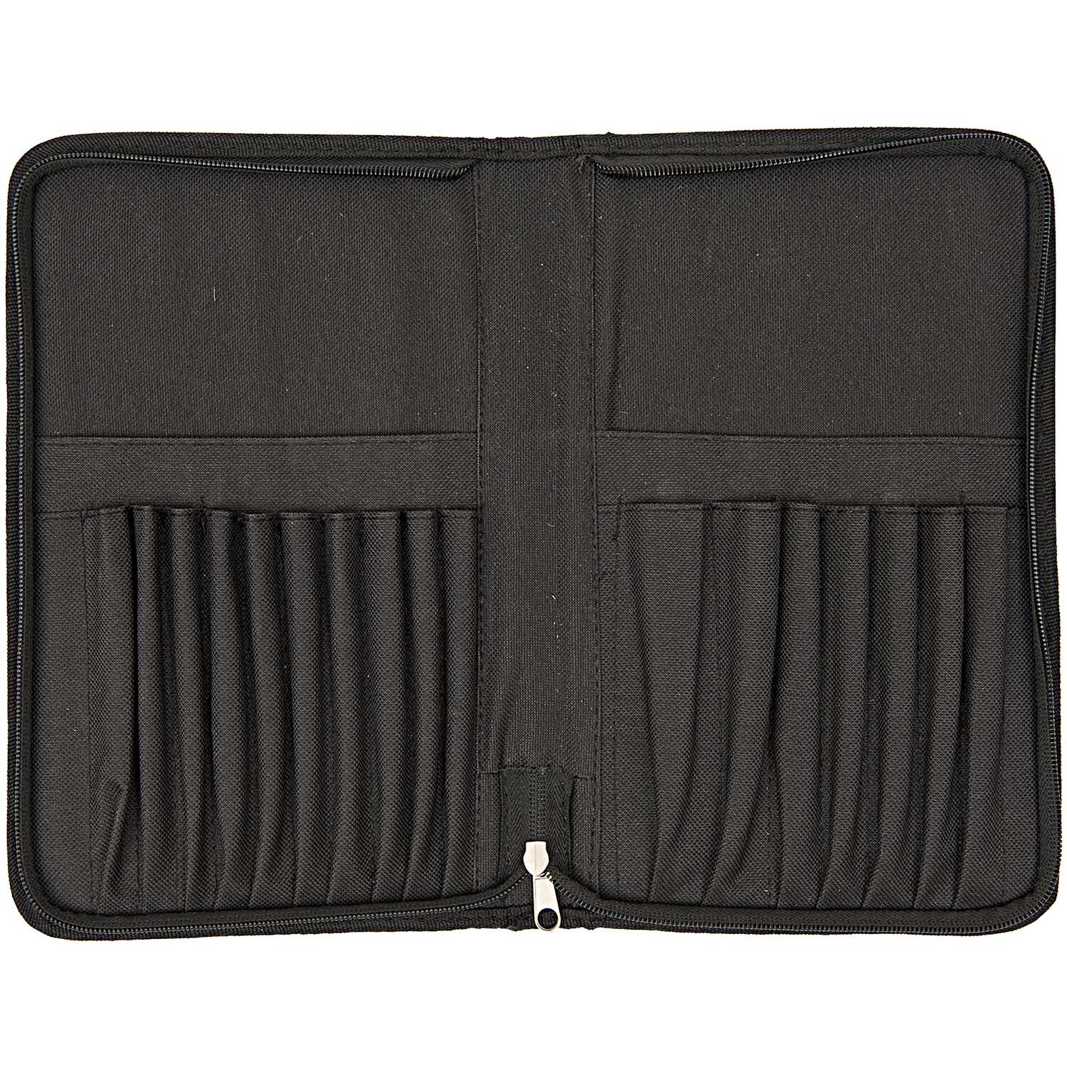 Pinselmappe groß 32x40cm von Rico Design in Schwarz, geöffnet mit mehreren Fächern für Pinsel.