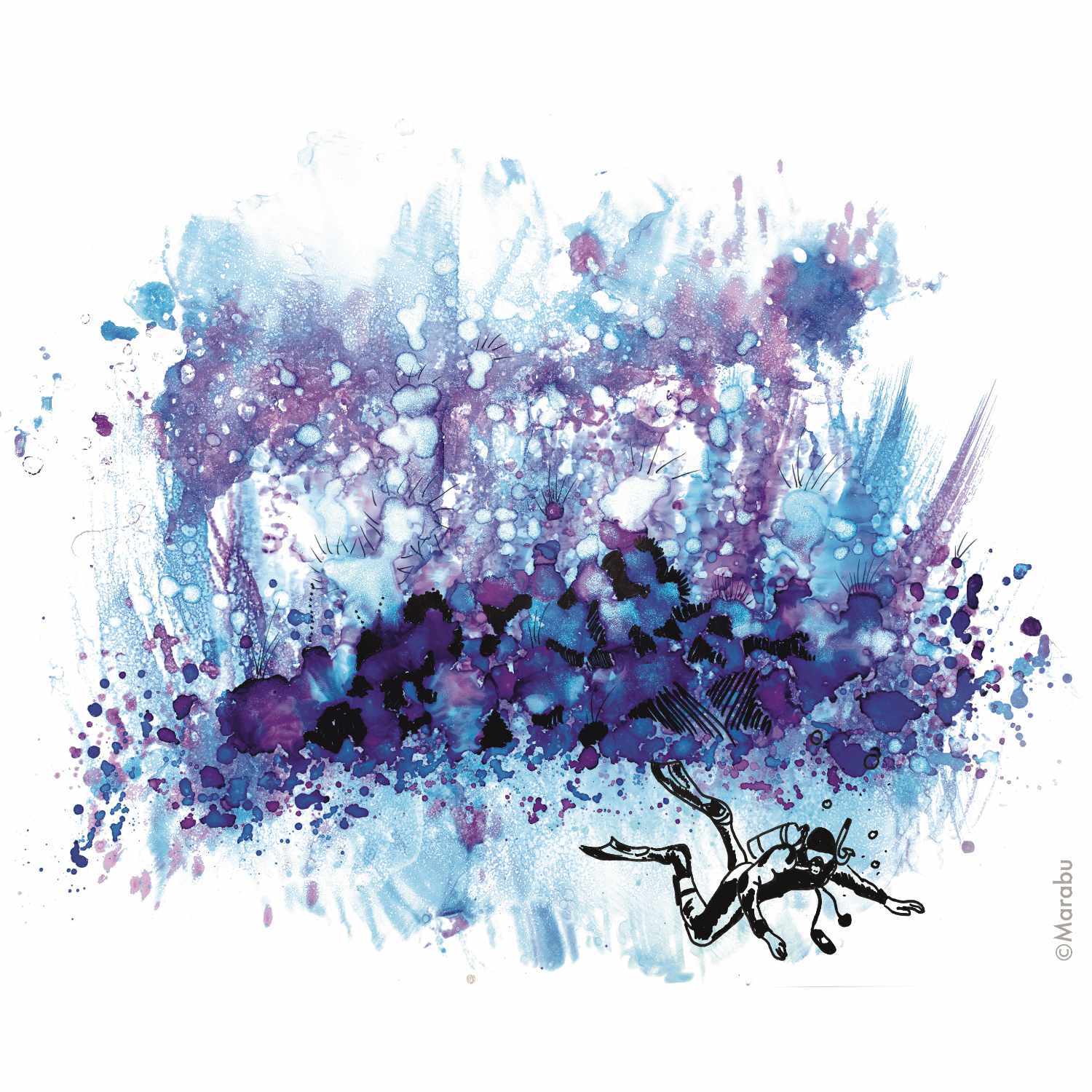 Alcohol Ink Set Underwater: Ein Taucher erkundet eine blaue, abstrakte Unterwasserwelt von Marabu.