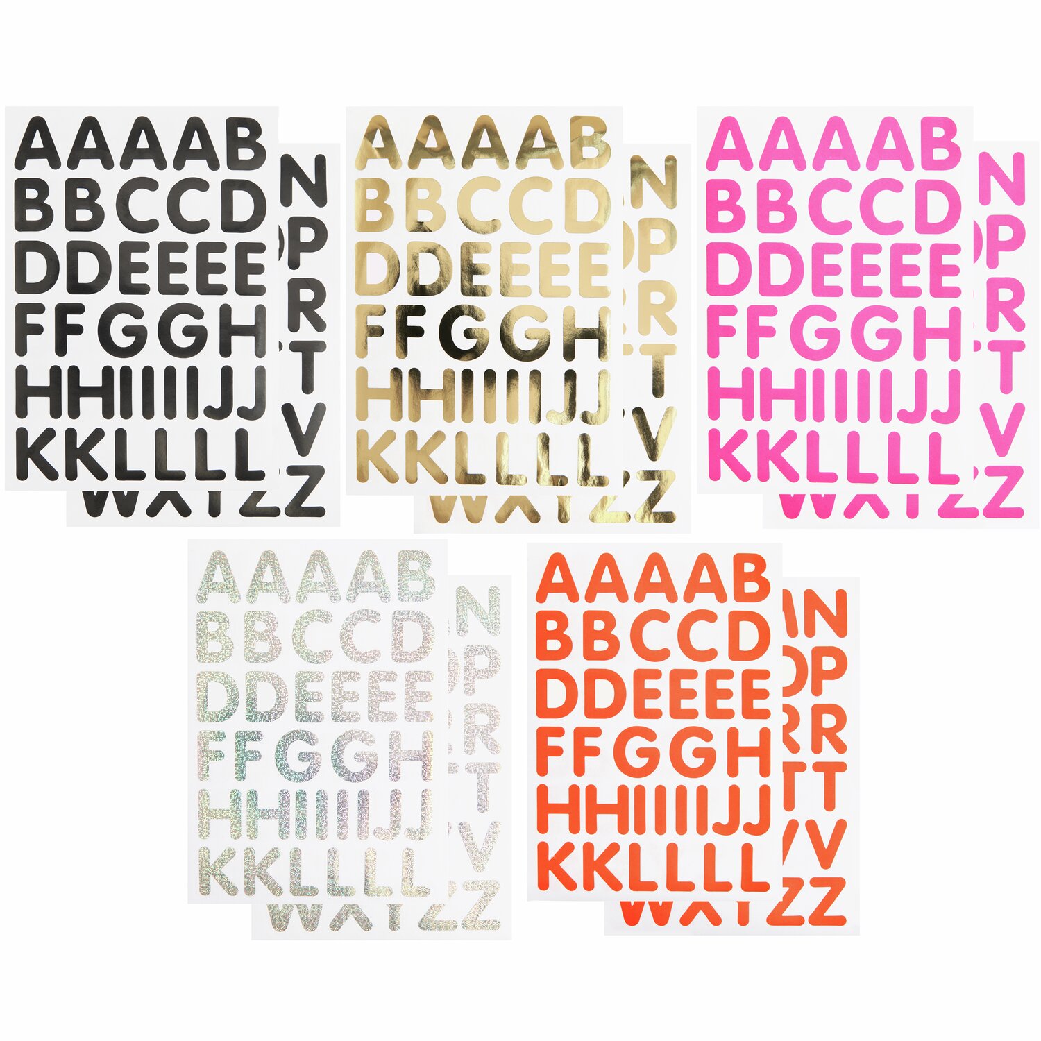 Stickerblock Alphabet DIN A5 mit Buchstaben in Schwarz, Gold, Pink, Silber und Orange von Rico Design.