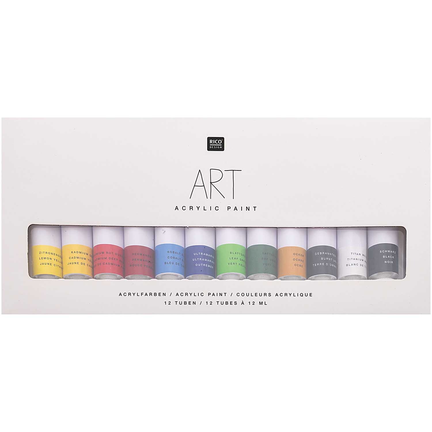 ART Künstler Acrylfarben-Set Basic 12x12ml zeigt zwölf bunte Farbtuben in einer weißen Verpackung.