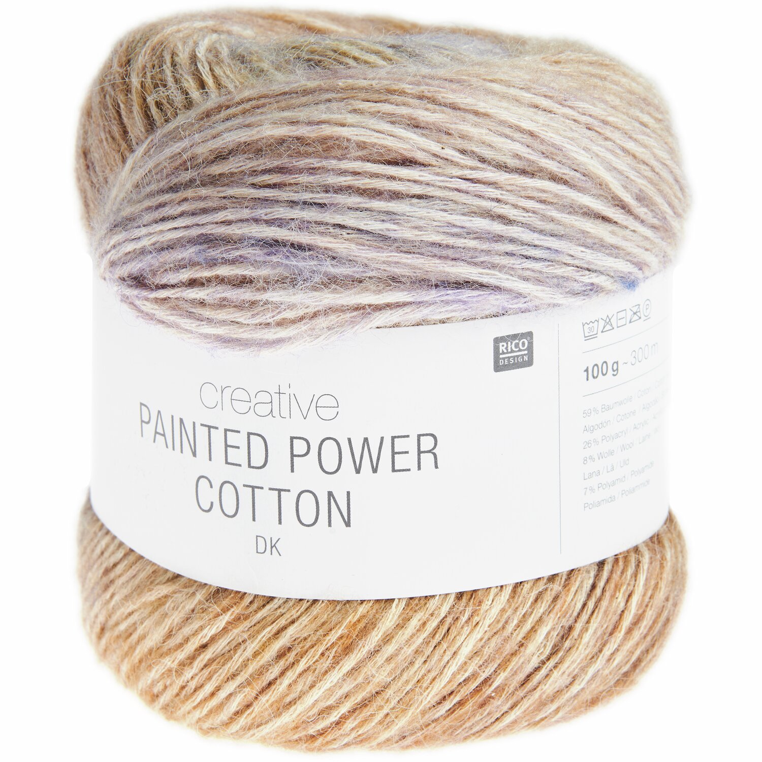 Creative Painted Power Cotton dk, 100g, 300m. Weiches Garn in sanften Erdtönen, ideal für Strickprojekte.