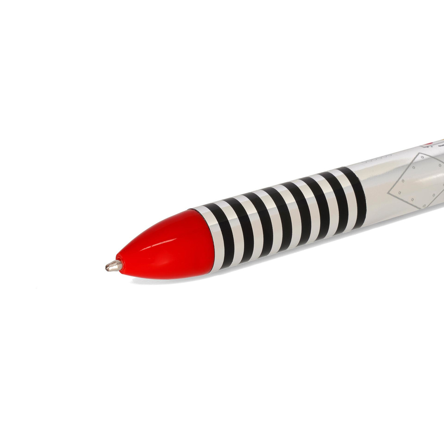 Zweifarbiger Kugelschreiber Click&Clack mit roter Spitze und schwarz-weißem Streifenmuster. Marke: Legami. Ideal für Roboterliebhaber.