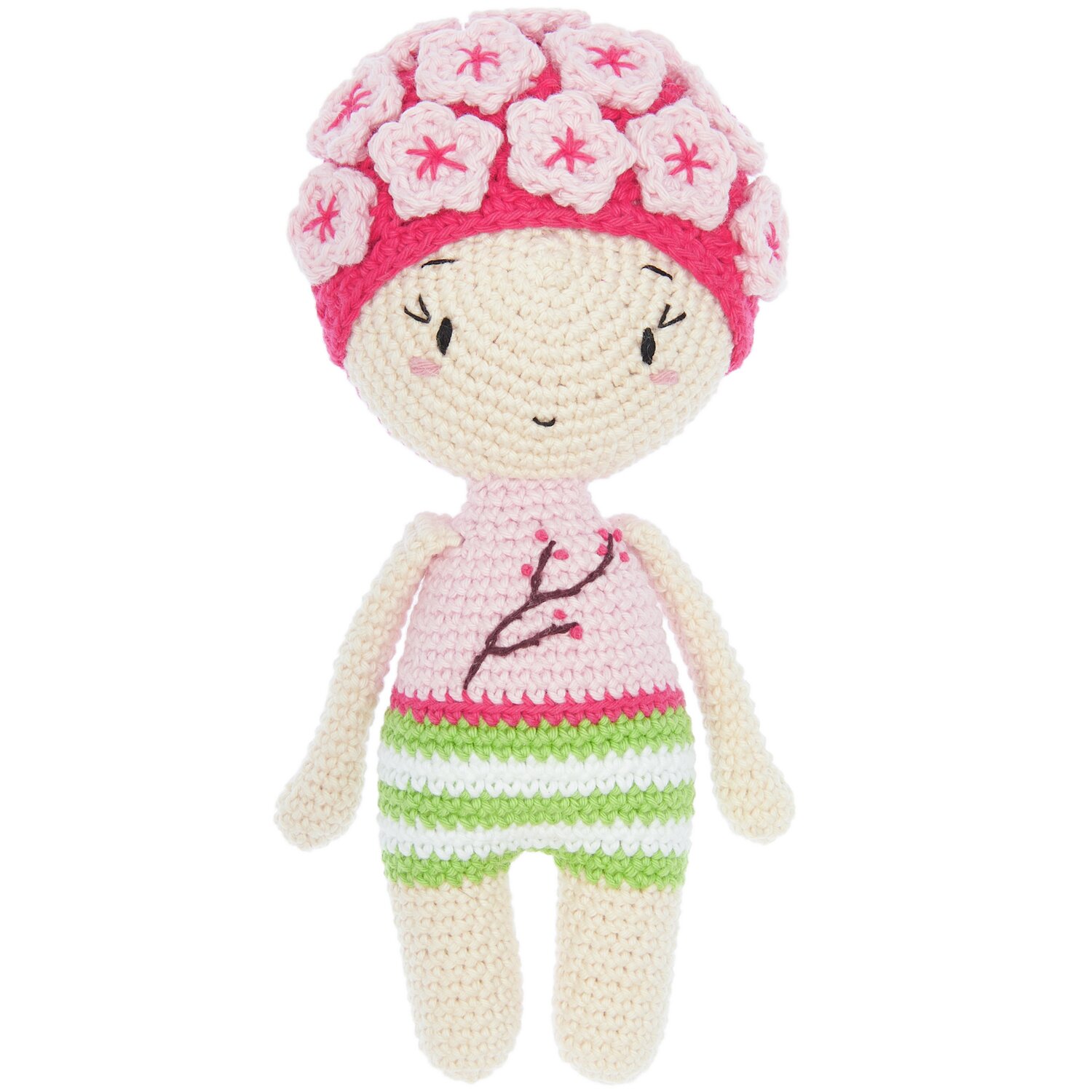 Creative Ricorumi dk: Gehäkelte Puppe mit Blumenmütze, gestreifter Hose in Himbeere und Pistazie.