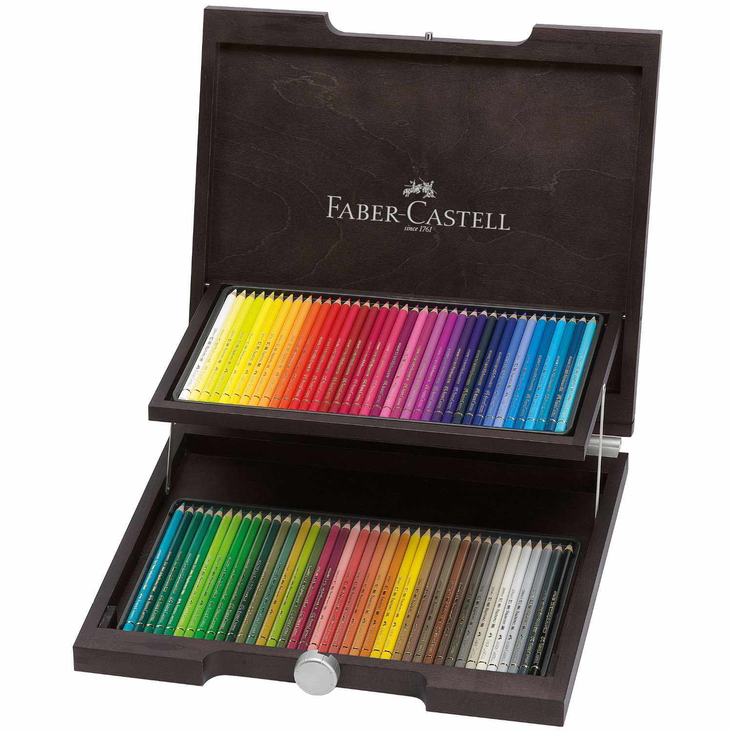 Polychromos Farbstifte Holzkoffer mit 72 Farbstiften von Faber Castell, offen präsentiert in zwei Ebenen.