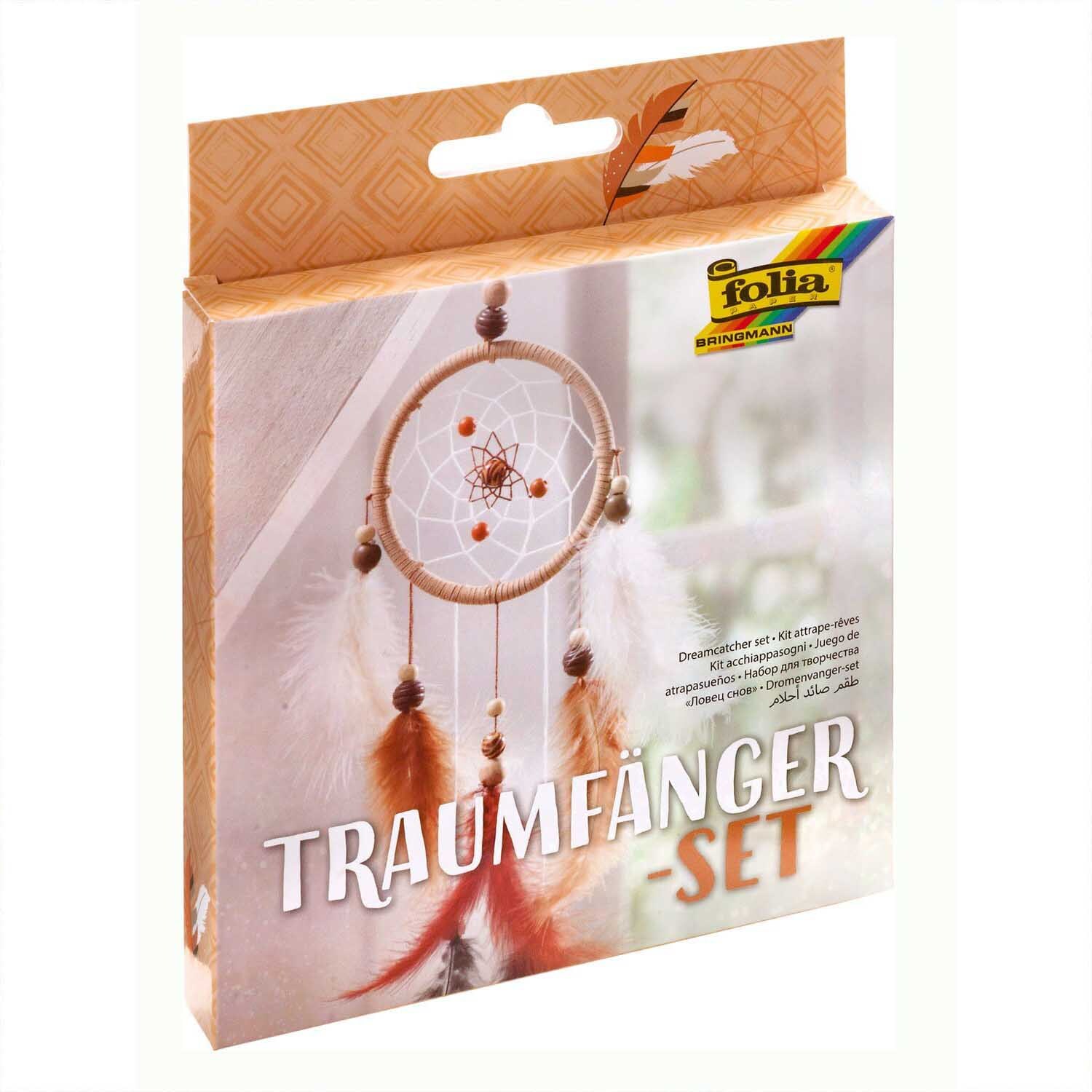 Bastelset Traumfänger Ethno: Verpackung mit Traumfänger, Federn und Perlen, Marke folia. Ideal für kreative Projekte.