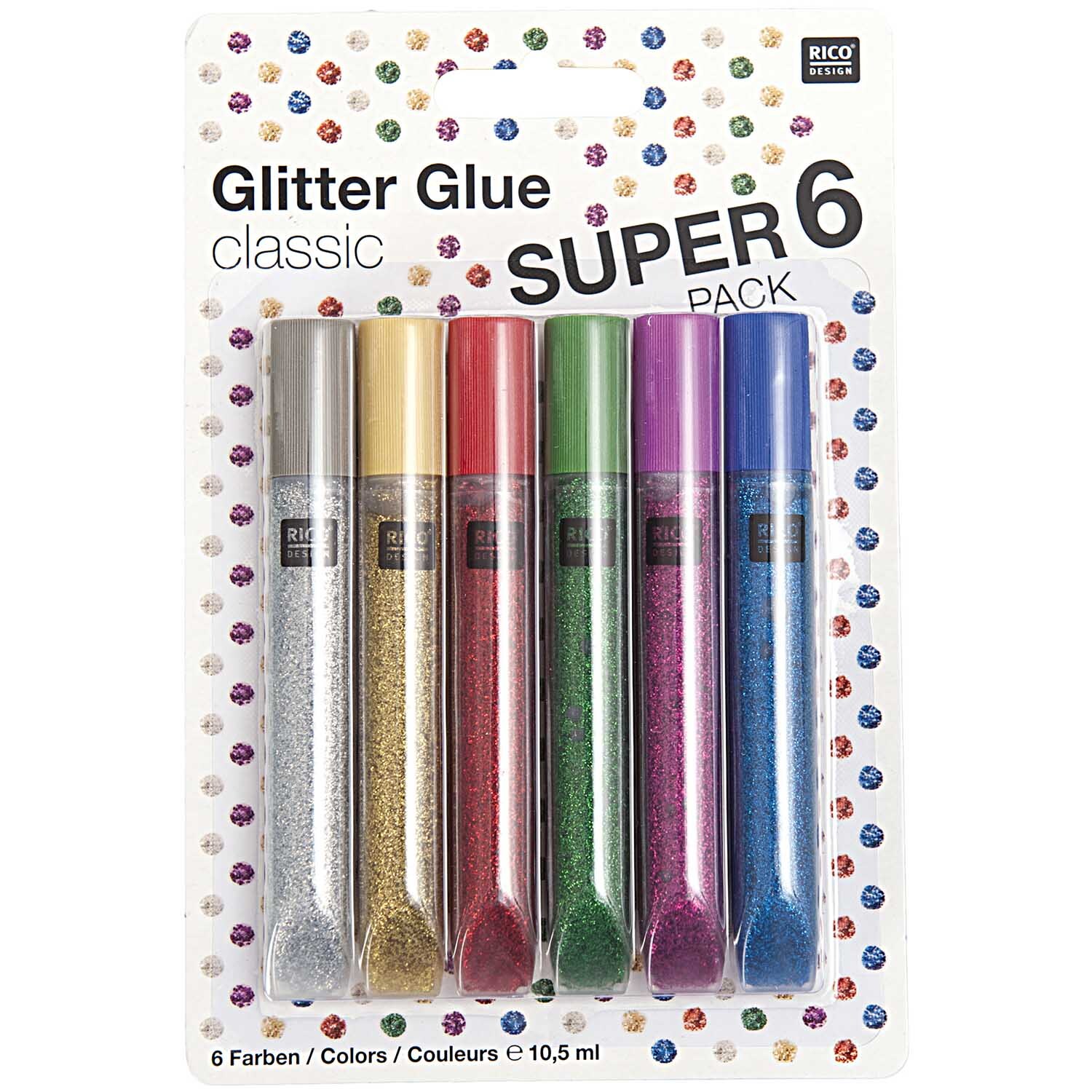 Glitter Glue classic 6x10,5ml von Rico Design zeigt sechs bunte Glitzerkleber in einer Verpackung.