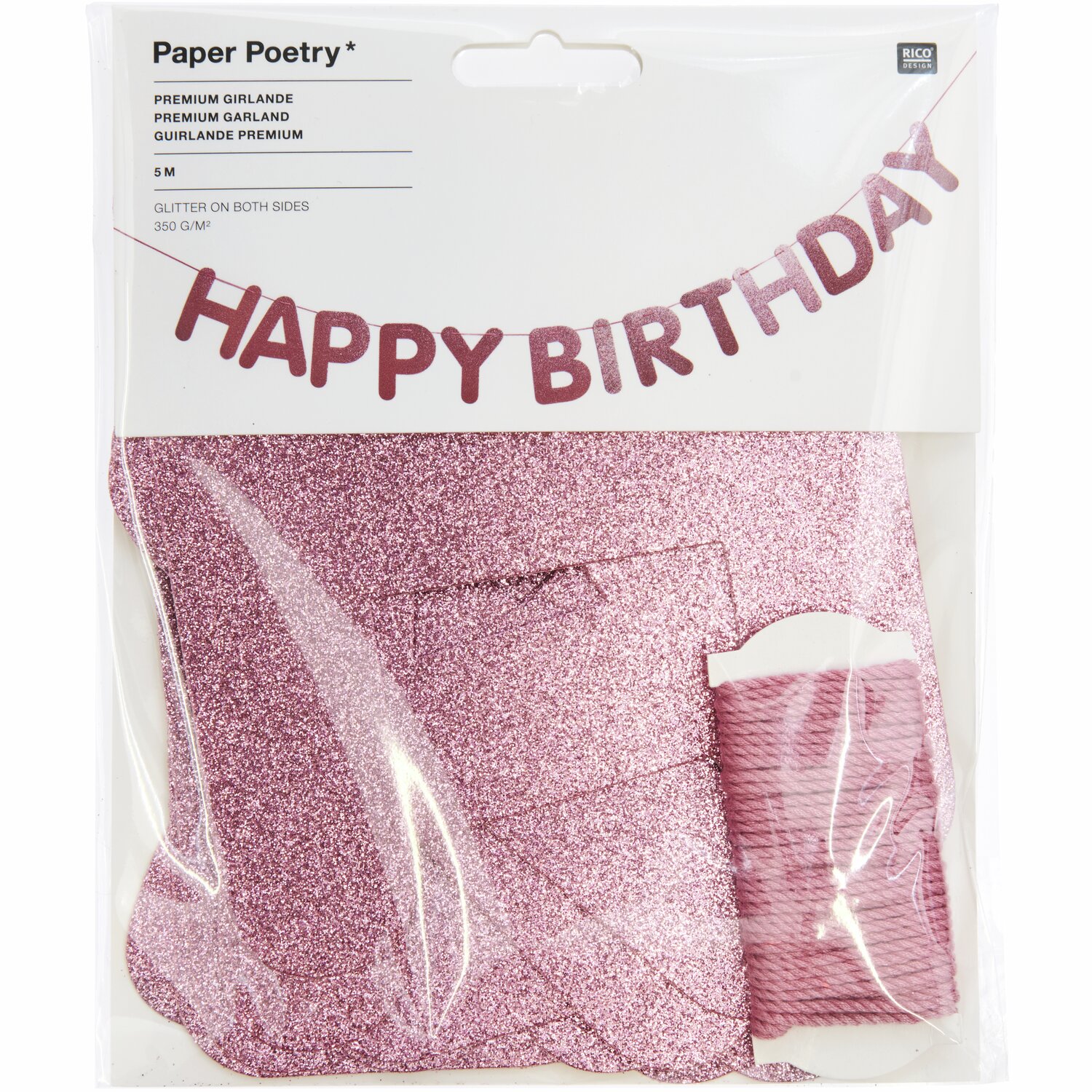Paper Poetry Girlande Happy Birthday Glitter: Rosa Glitzer-Girlande von Rico Design, 5m lang, ideal für Geburtstagsdekorationen.