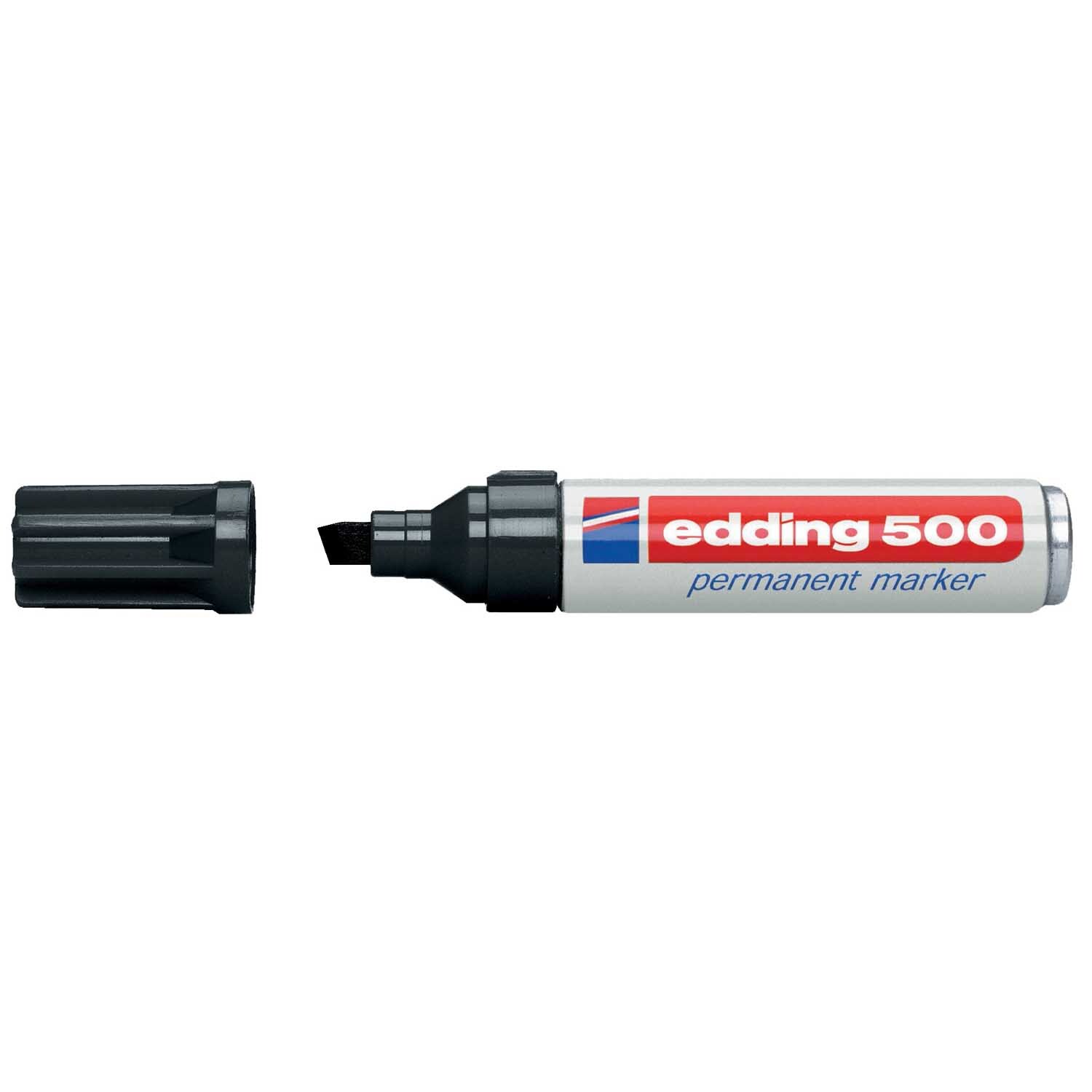 500 Permanentmarker schwarz 2-7mm von edding, abgebildet mit abgenommenem Deckel auf schwarzem Hintergrund.