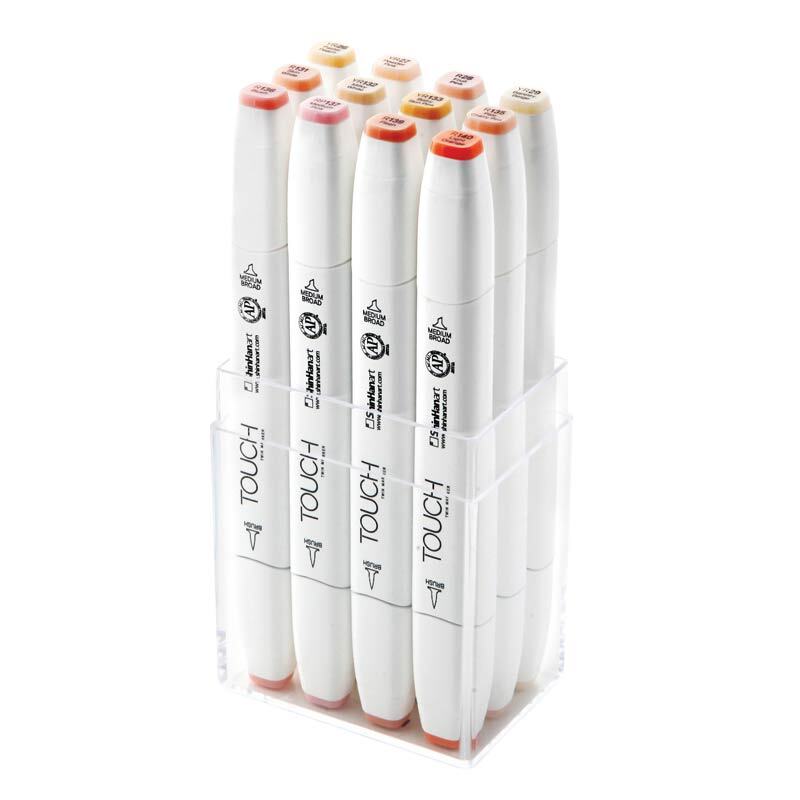 Twin Brush Marker Skin Tones, 12-teiliges Set in einem transparenten Ständer, ideal für kreative Hauttöne.