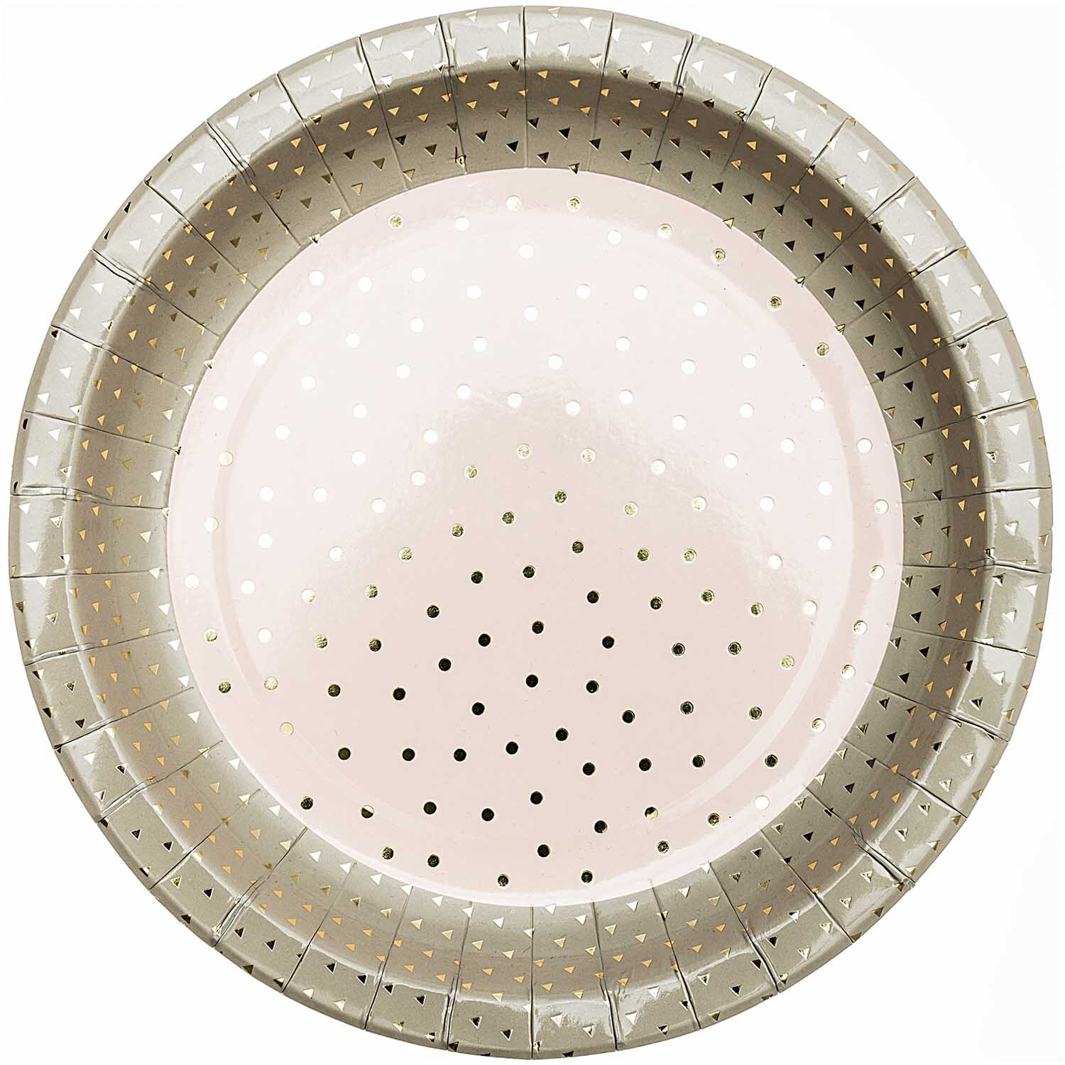 Pappteller Konfetti rosa 12 Stück von Rico Design mit goldenen Punkten auf rosa Hintergrund. Ideal für Partys.