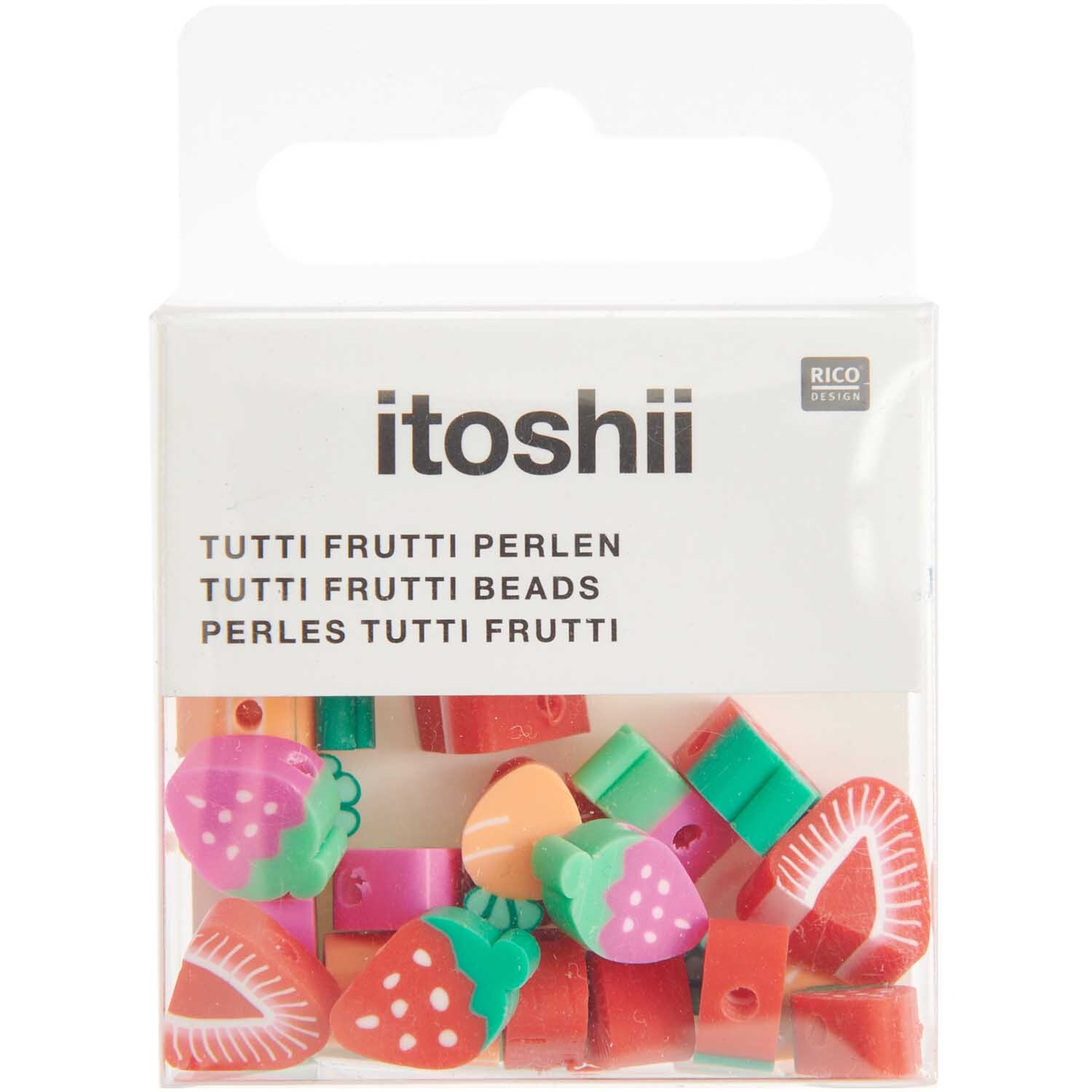 itoshii Erdbeeren Perlen 11mm 20 Stück, bunte Perlen in Erdbeerform von Rico Design in einer Verpackung.