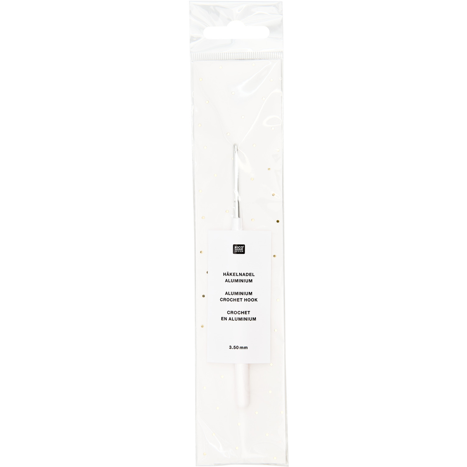 Häkelnadel 15cm in Aluminium von Rico Design, verpackt in einer transparenten Hülle. Ideal für präzises Handarbeiten.
