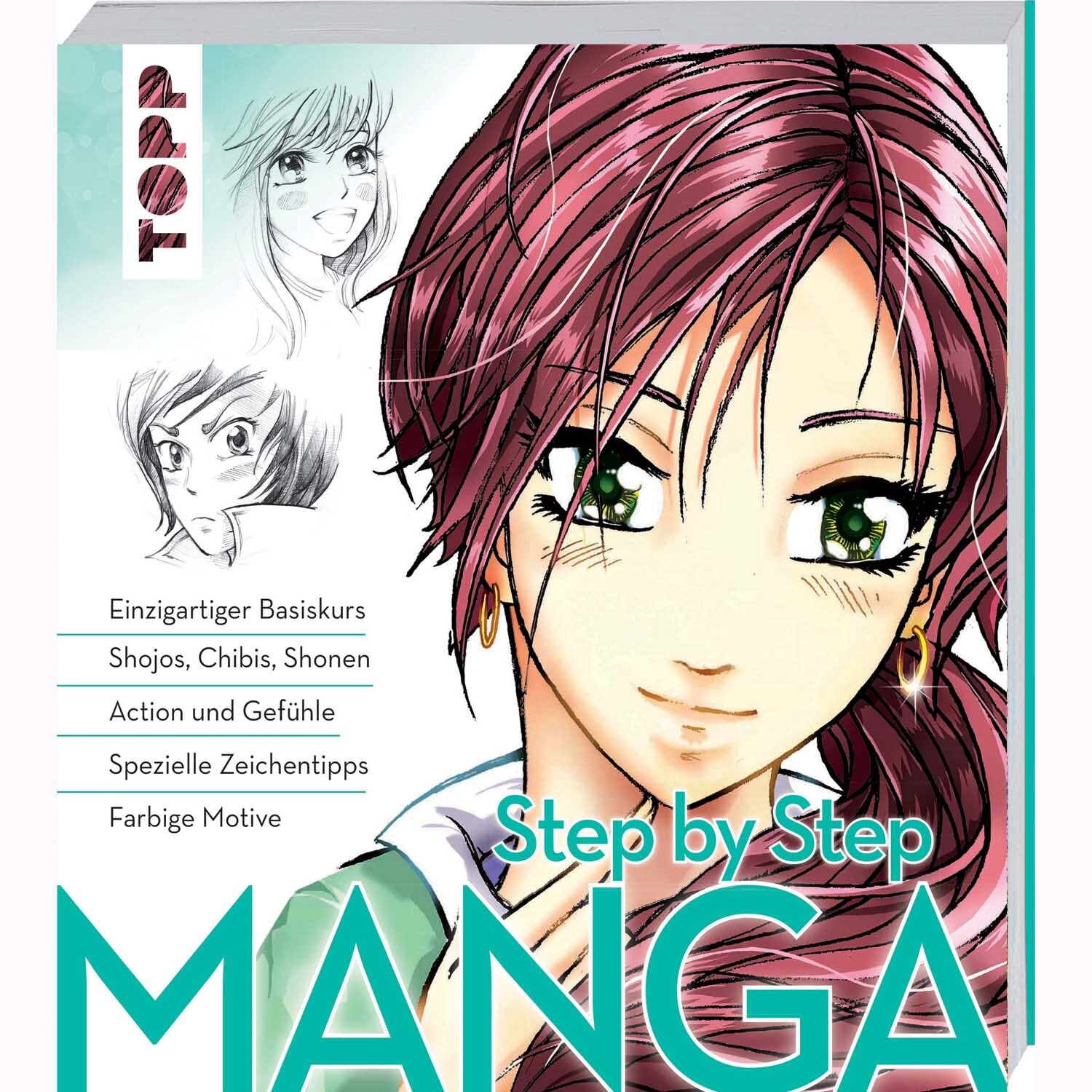 Manga Step by Step: Ein Buch von TOPP mit Manga-Zeichnungen und Anleitungen, zeigt detaillierte Charaktere und Techniken.