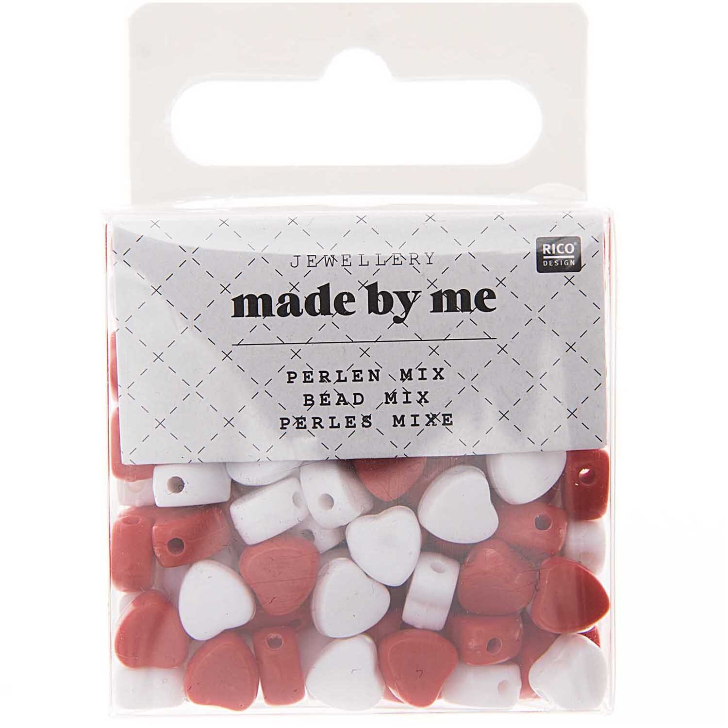 Perlen Herz-Mix ca. 165 Stück in Weiß-Rot von Rico Design, in einer transparenten Verpackung.
