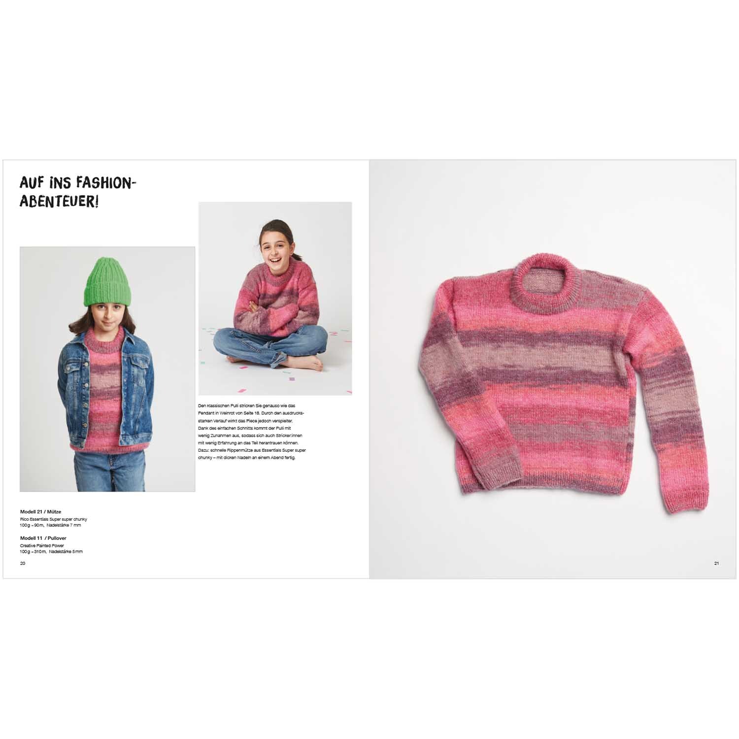 Kids Nr.12: Strickpullover in Rosa- und Grautönen von Rico Design, präsentiert auf einer Doppelseite.