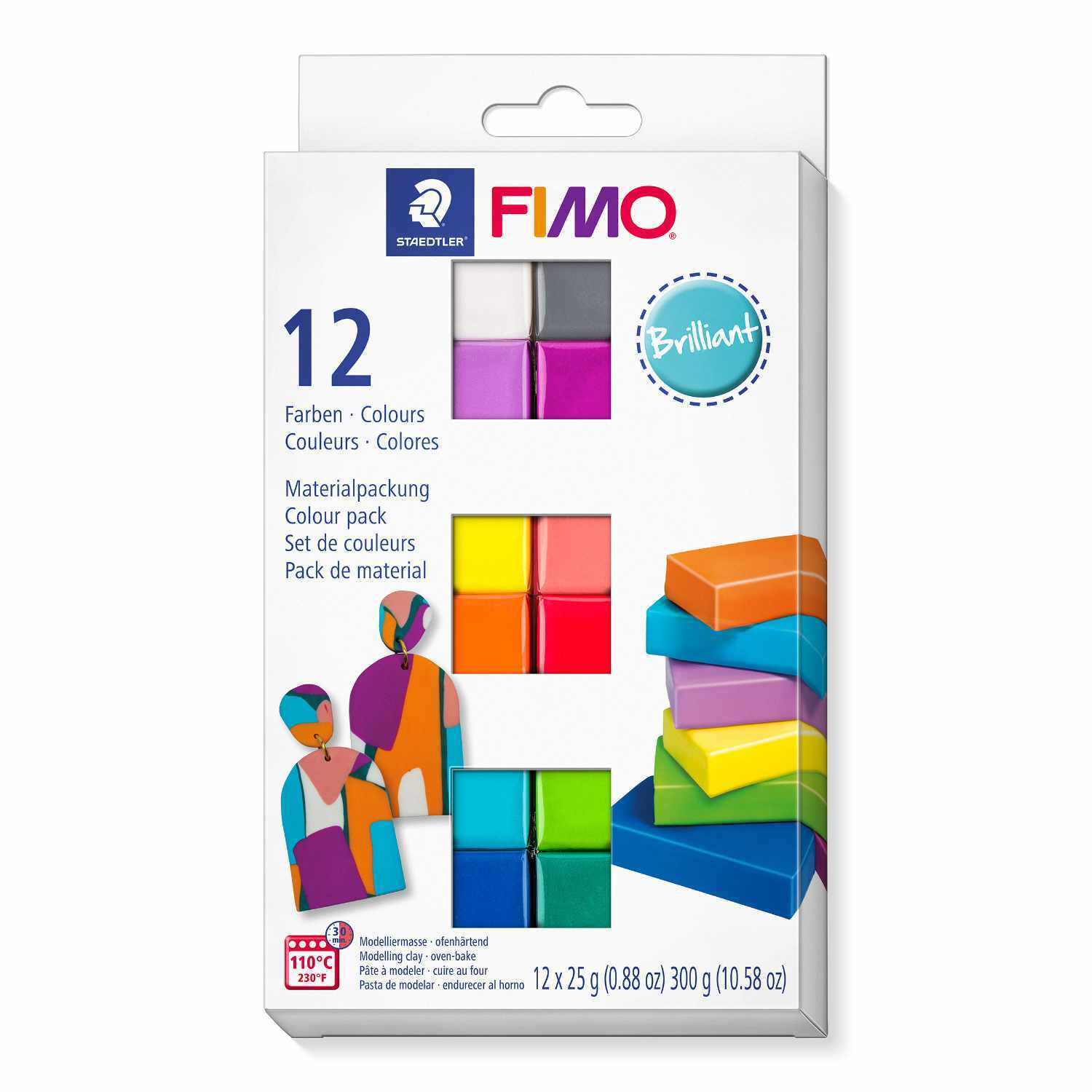 FIMO soft Set-Brilliant-Colours zeigt 12 bunte Halbblöcke in einer Staedtler-Verpackung. Ideal für kreative Projekte.