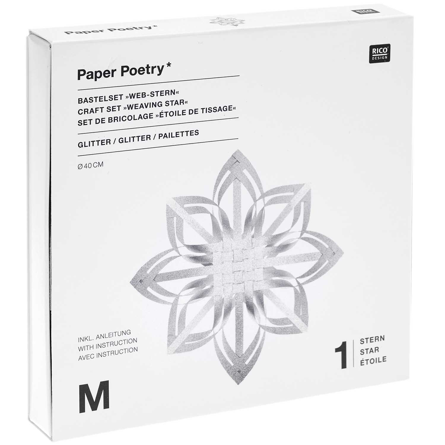 Paper Poetry Web-Stern Größe M 270g/m2: Silberner Stern aus Papier mit Glitter, ideal für kreative Bastelprojekte. Verpackung von Rico Design.