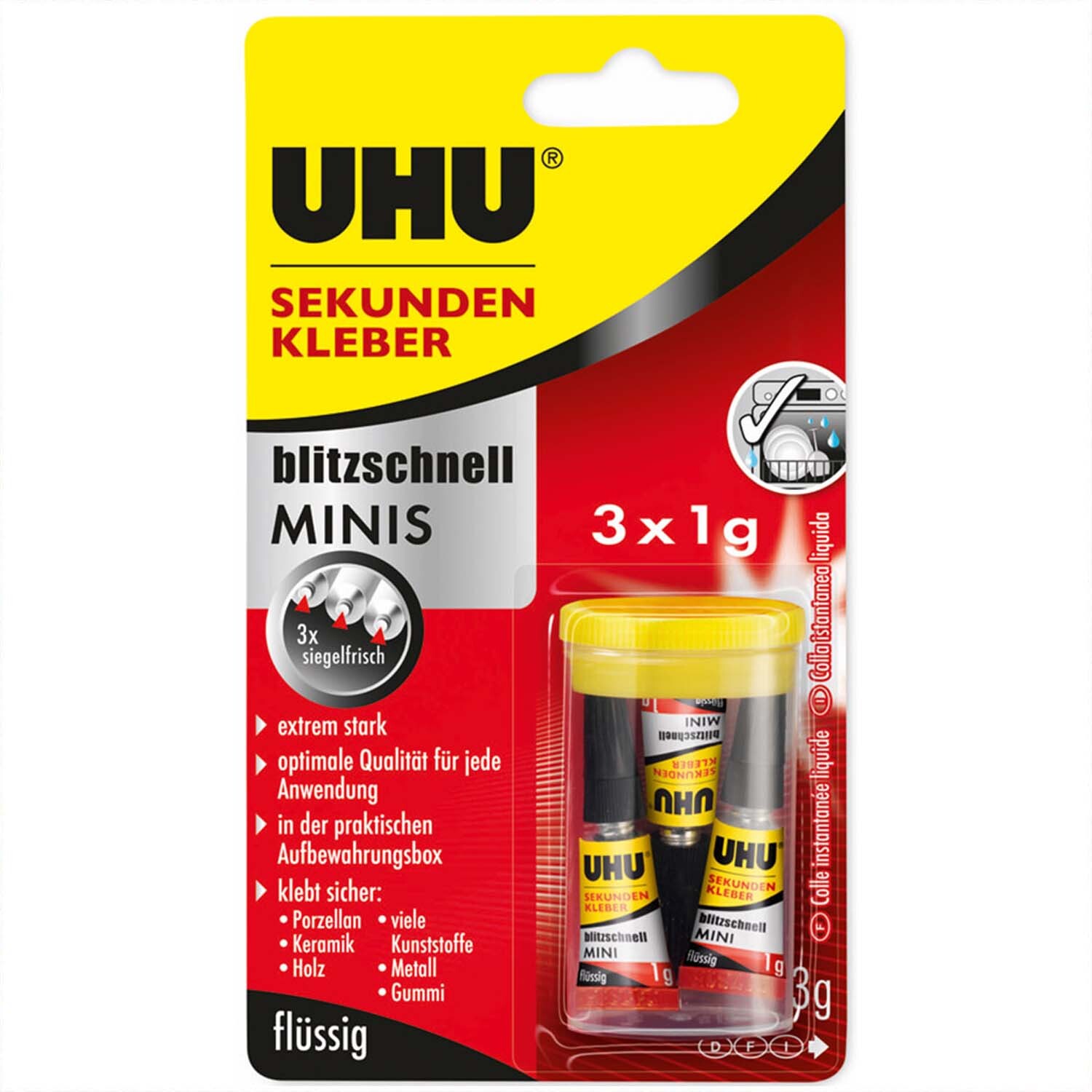 Sekundenkleber blitzschnell Minis 3x 1g von UHU in gelber Verpackung, ideal für schnelle Anwendungen.