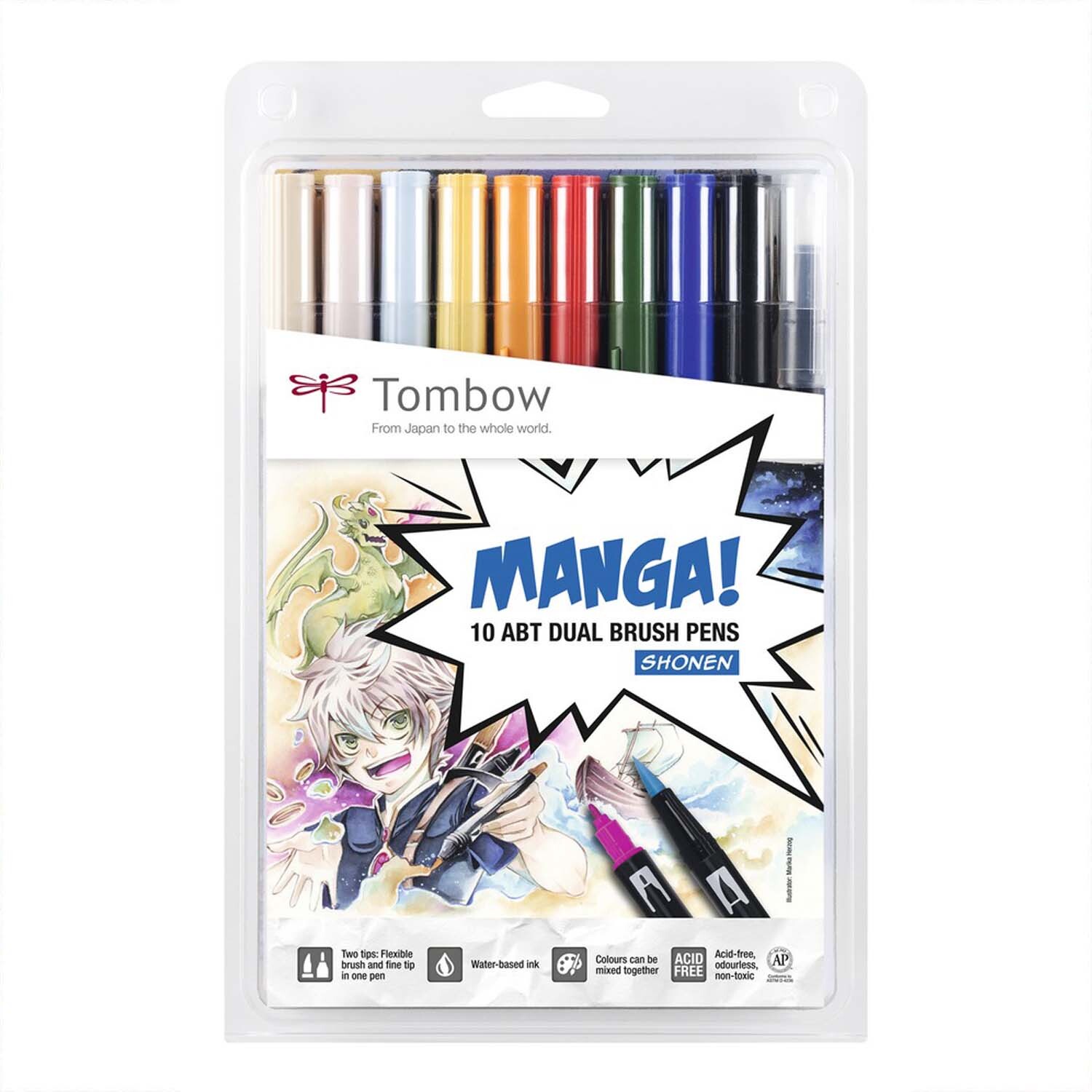ABT Brush Pen Set Manga Shonen: 10-teiliges Set mit Mehrfarb-Stiften von Tombow, ideal für Manga-Künstler. Verpackung zeigt Manga-Design.