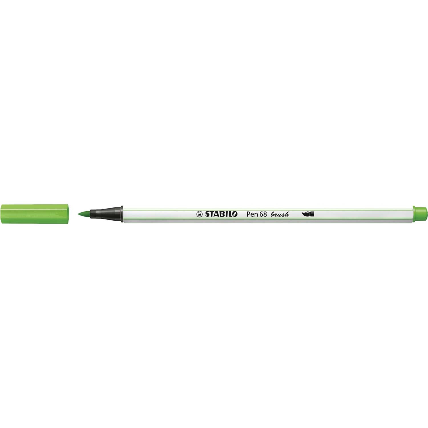 Pen 68 brush von STABILO in Hellgrün, abgebildet mit abgenommenem Deckel auf weißem Hintergrund. Ideal für kreative Projekte.