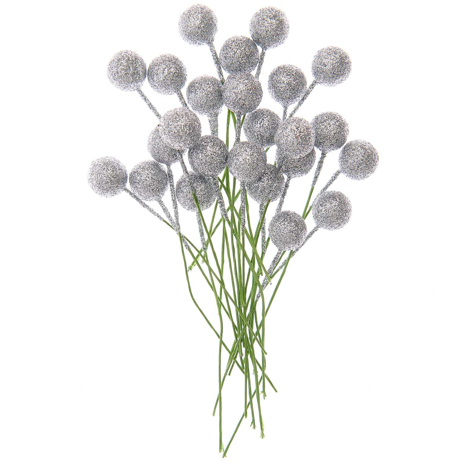 Beerenpick mit Glitzer 8,5x8,5cm 24 Stück von Rico Design. Silberne, glitzernde Beeren auf grünen Stielen, ideal für festliche Dekorationen.