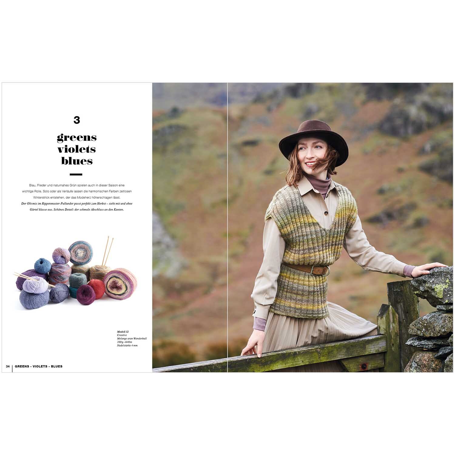 Lovewool Nr.15 Handstrickmagazin Herbst-Winter zeigt eine Frau in gestrickter Weste vor herbstlicher Landschaft.