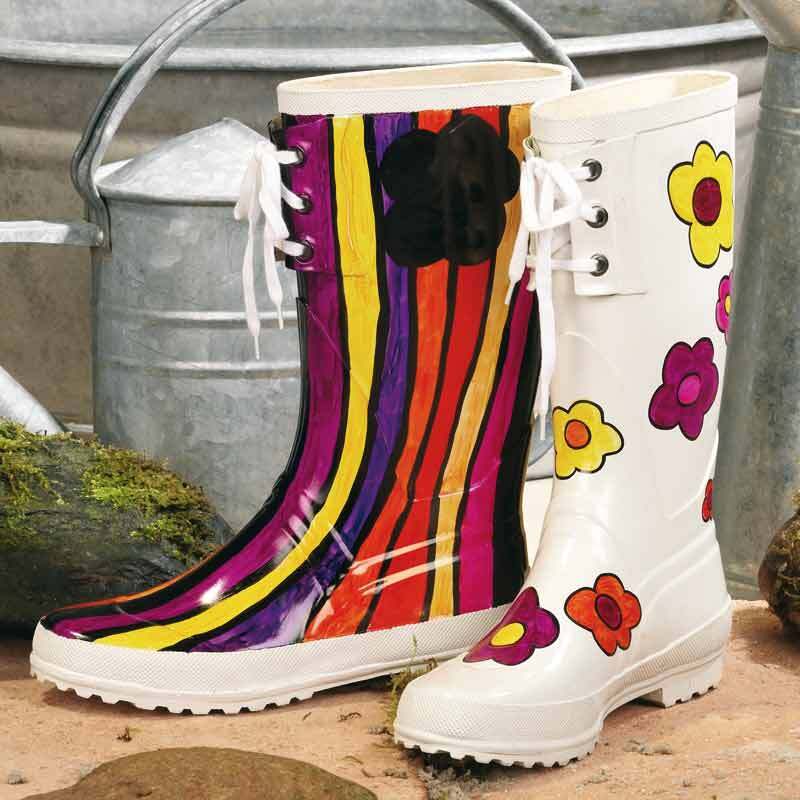 3000 Permanentmarker 1,5-3mm: Bunte Gummistiefel mit Blumen- und Streifenmuster, ideal für kreative Designs.
