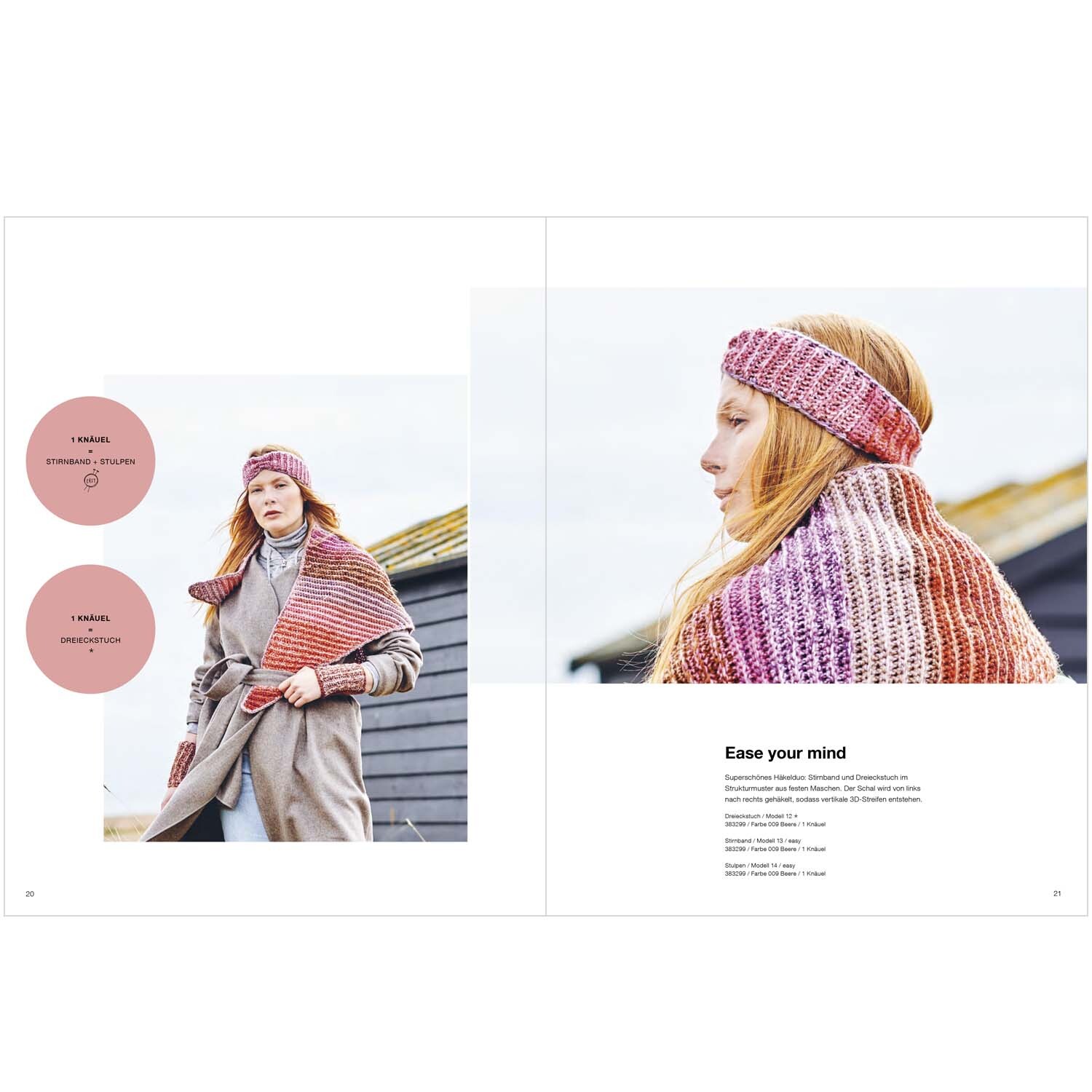 Chic Unique Special: Frau mit gestricktem Schal und Stirnband in Rosa von Rico Design vor Holzhütte.