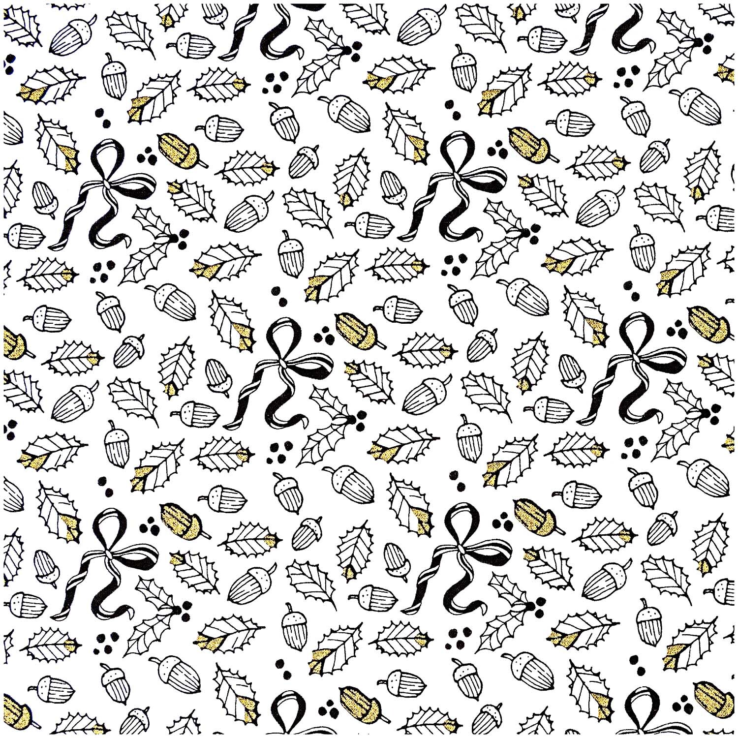 Stoff Eicheln weiß-gold 50x140cm: Muster mit Eicheln, Blättern und Schleifen in Weiß und Gold von Rico Design.
