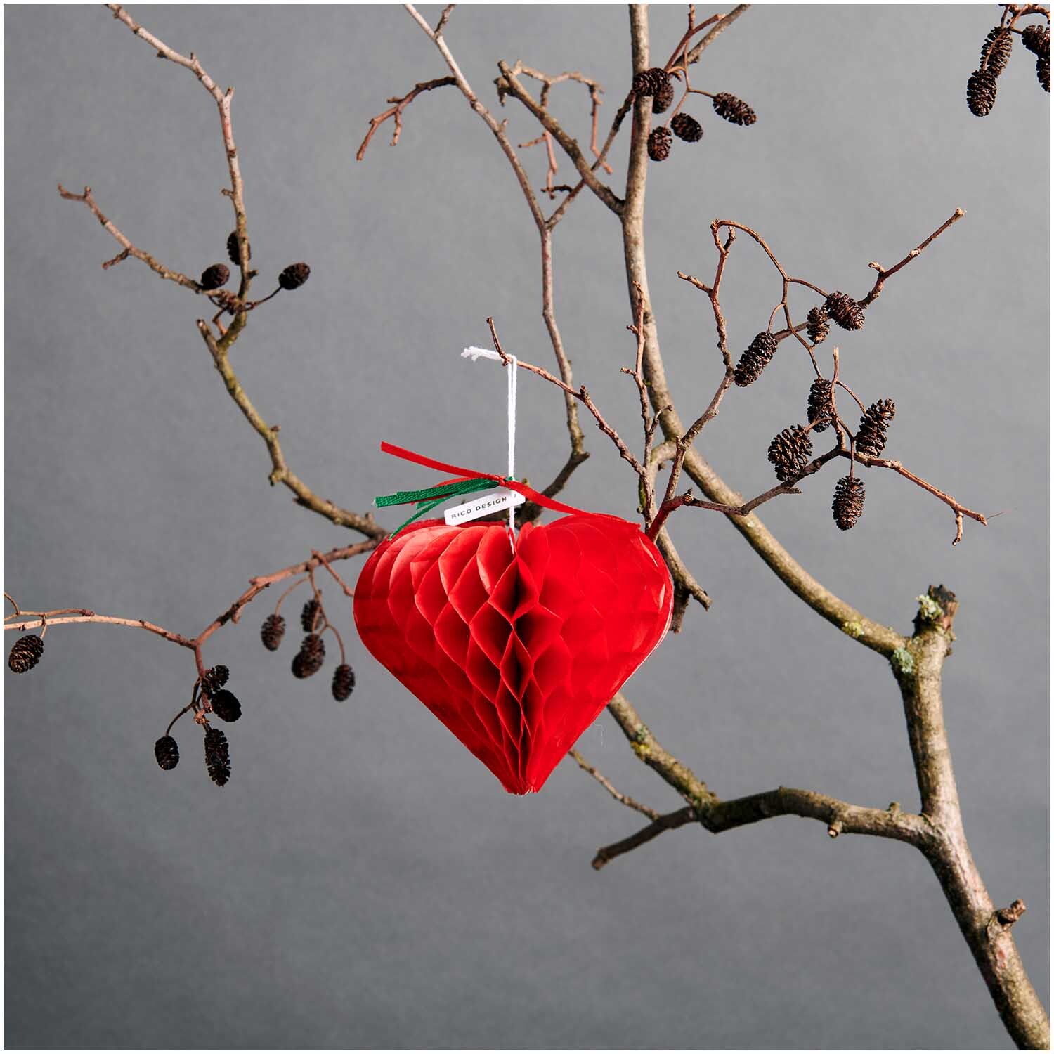 Paper Poetry Kartenset mit Pop-Up Anhänger Herz B6: Roter Herzanhänger an kahlem Ast, ideal für kreative Dekorationen.