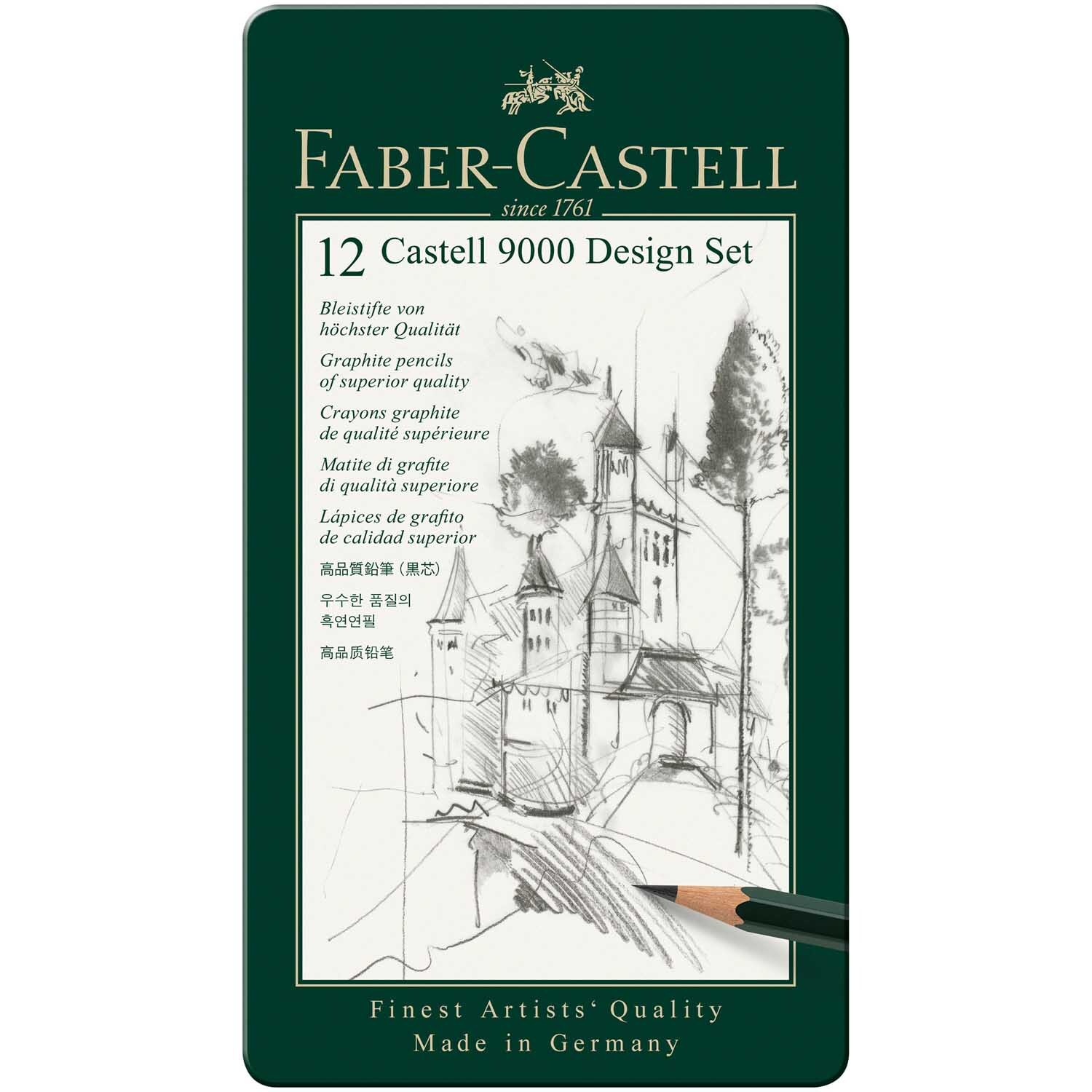 Castell 9000 Design Set Metalletui, 12-teilig, in Silber von Faber Castell, zeigt ein gezeichnetes Schloss.