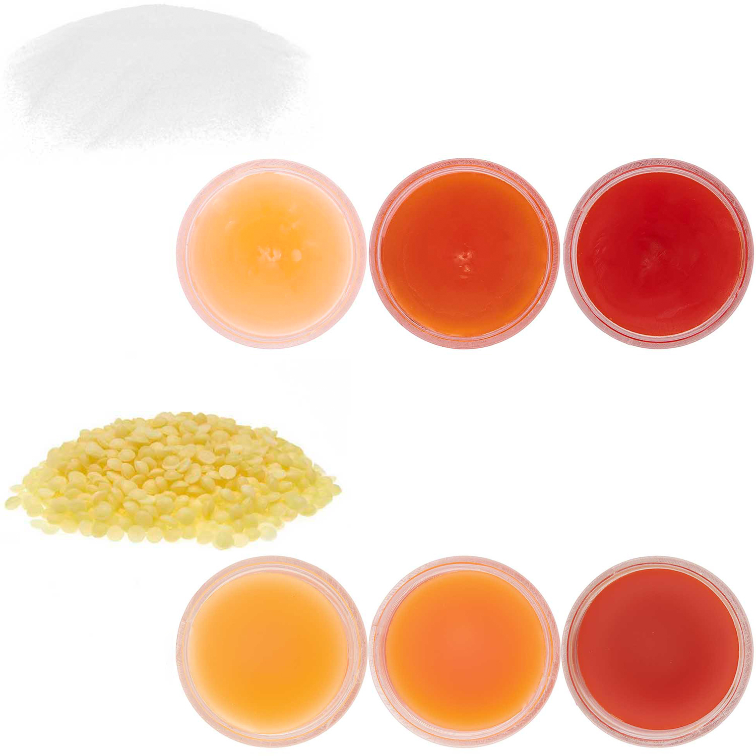 Kerzenfarbe 5g: Drei Tiegel mit orangeroter Farbe von Rico Design, umgeben von Wachsgranulat.