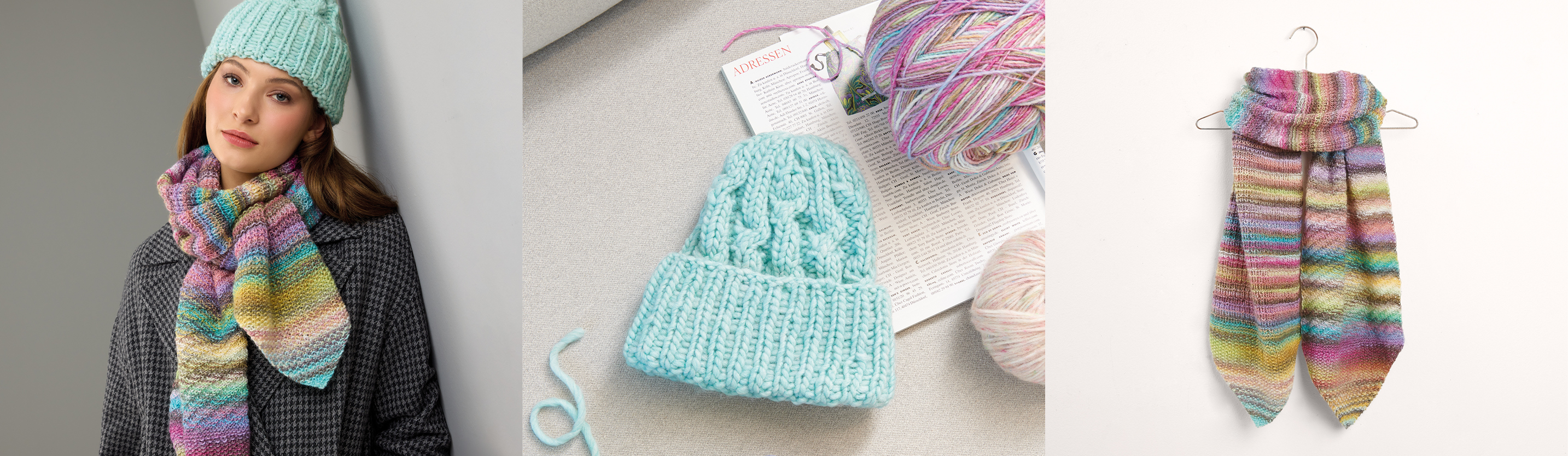 Drei Bilder nebeneinander. Eine Frau trägt blaue gestrickte Mütze mit buntem gestricktem Schal, blaue gestrickte Mütze mit Garn und bunt gestrickter Schal auf einem Kleiderbügel.