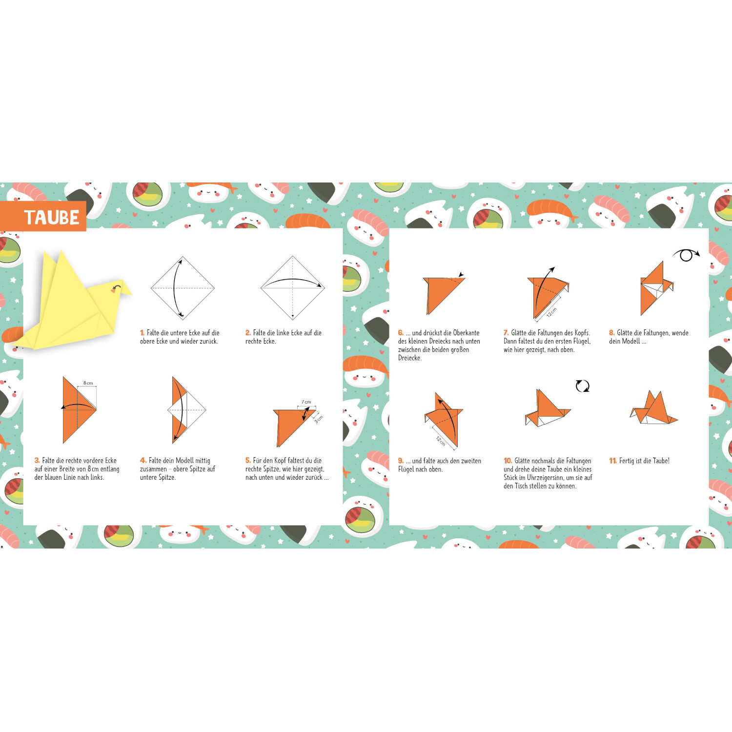 88 x Origami Kids Kawaii: Anleitung zur Erstellung einer Origami-Taube mit farbenfrohem Hintergrund.
