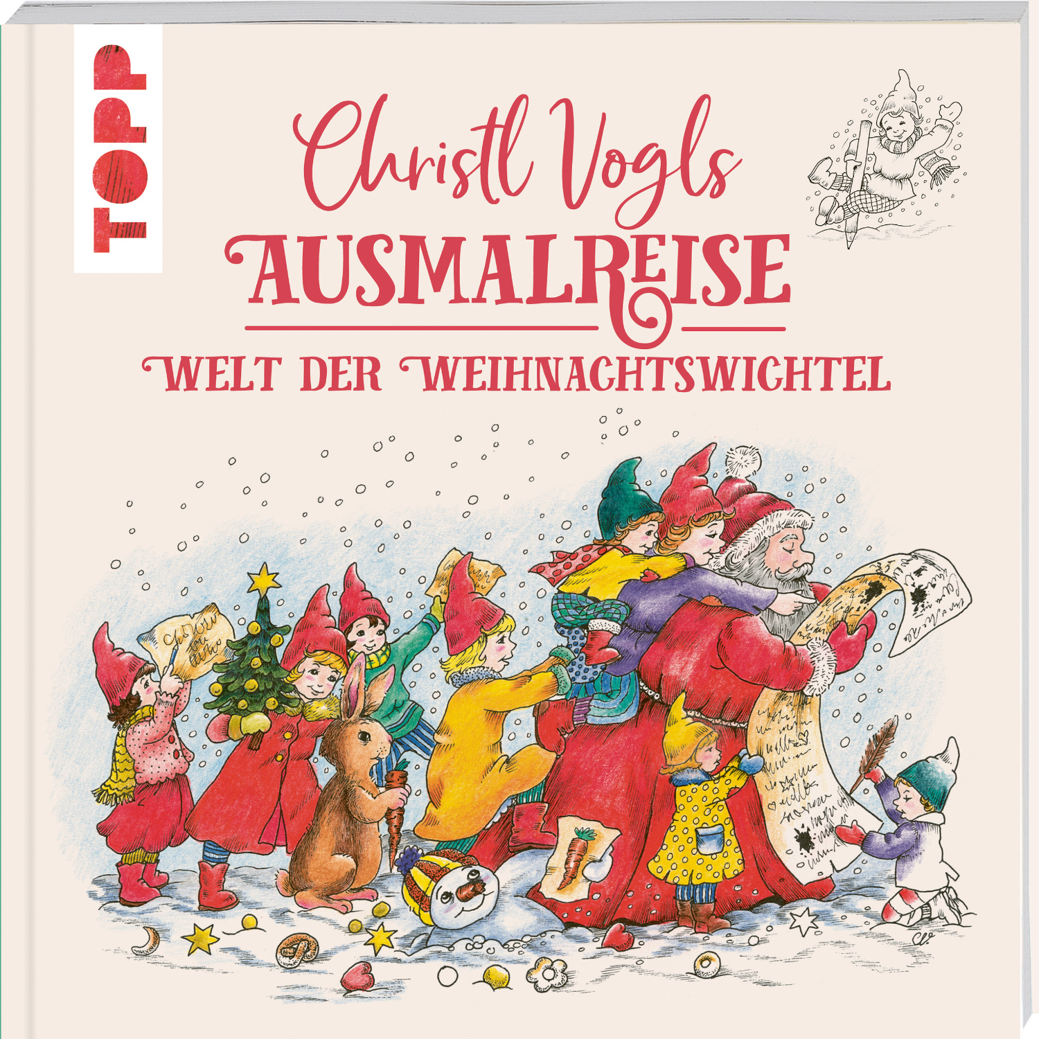 Christl Vogls Ausmalreise zeigt Weihnachtswichtel in bunten Kleidern mit Geschenken und Listen. Marke: TOPP.