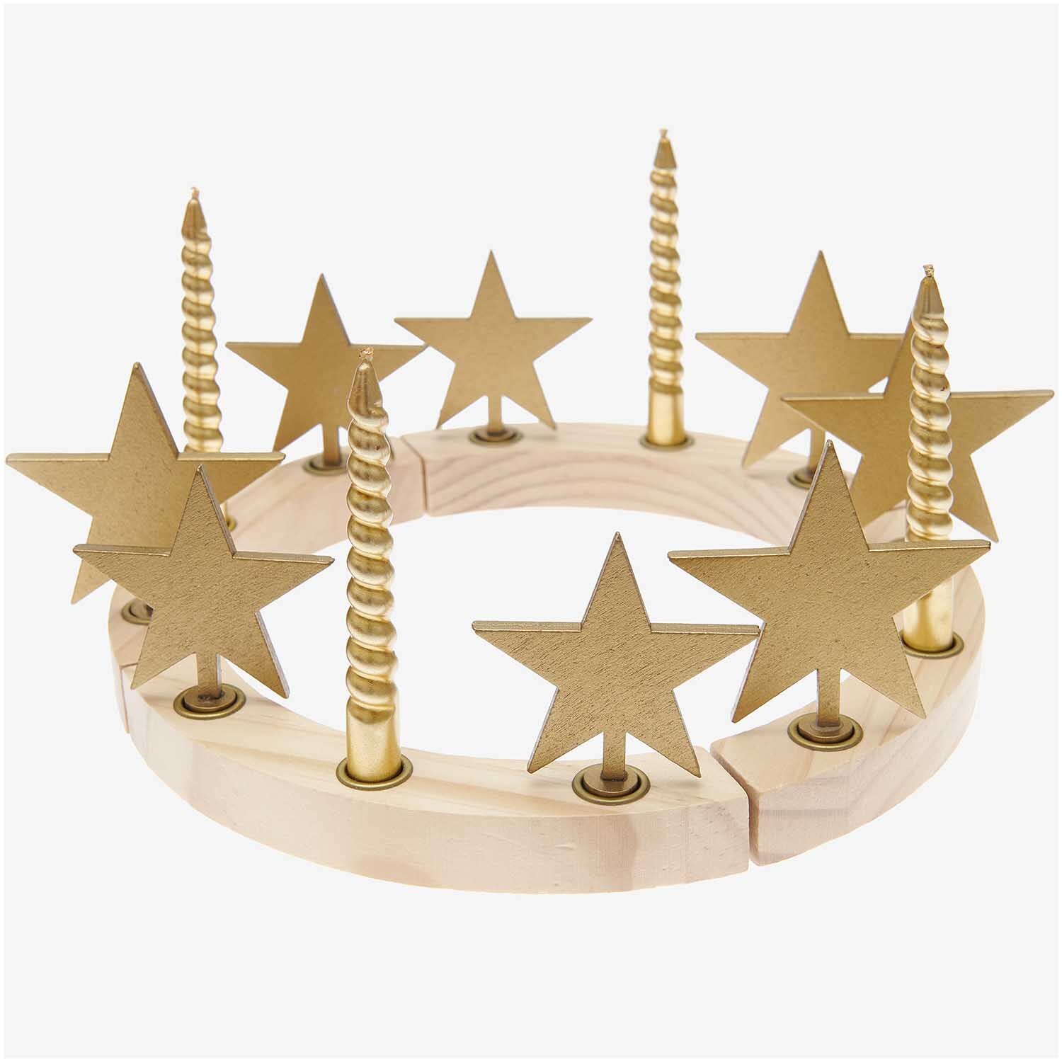 Adventskranzfiguren Stern 8 Stück von Rico Design in Gold auf einem Holzkranz mit Spiralkerzen.