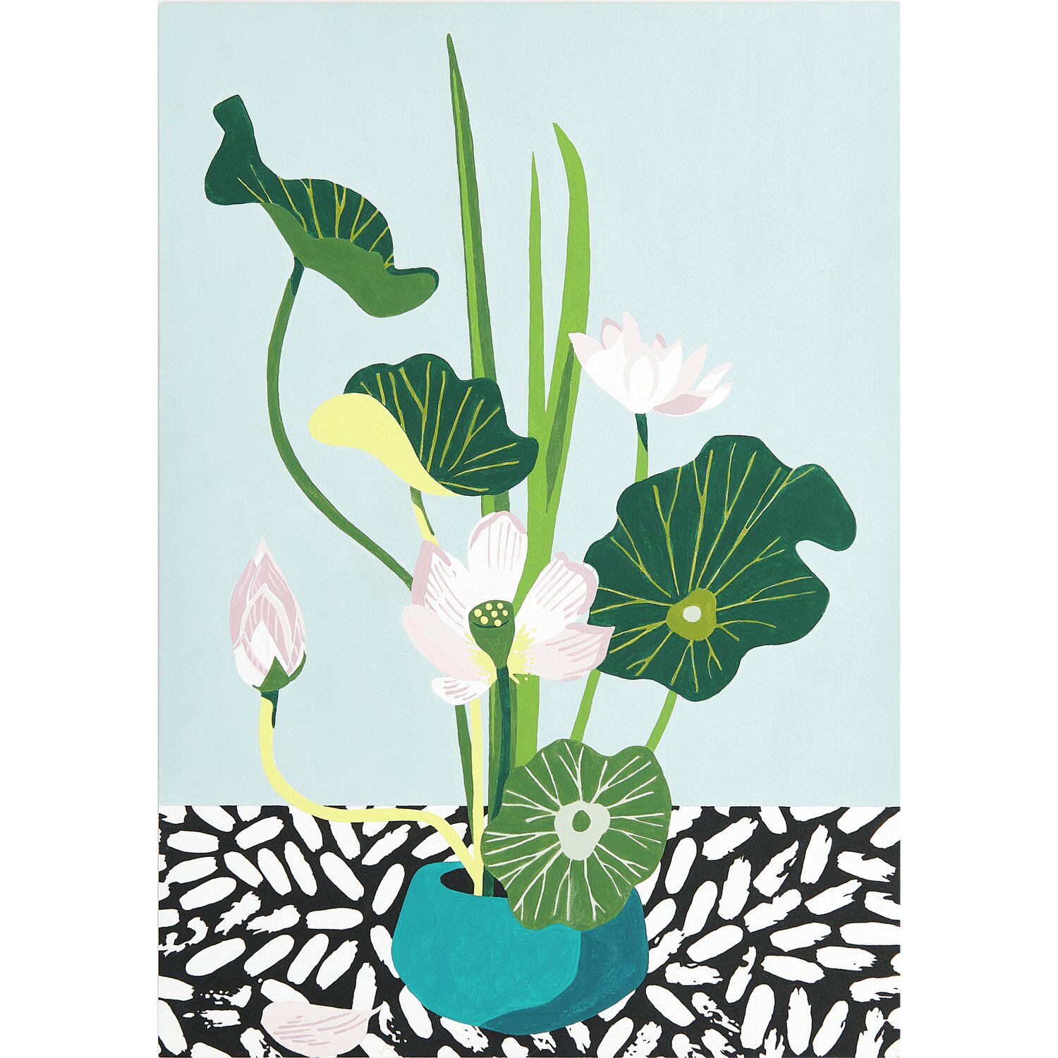 Malen nach Zahlen Lotus: Ein Bild mit grünen Lotusblättern und weißen Blüten in einer blauen Vase auf gemustertem Untergrund.
